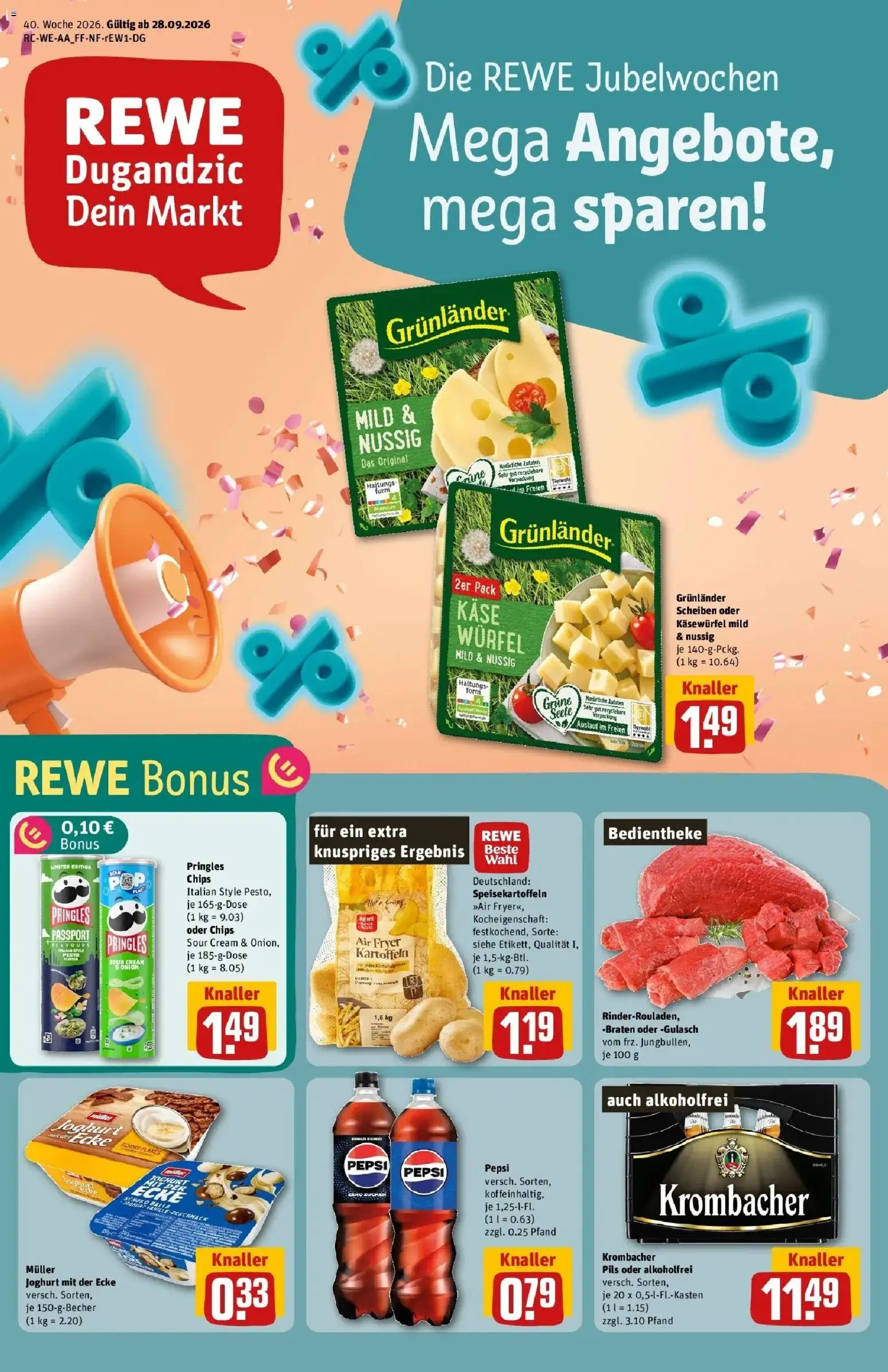 REWE Prospekt ab 28.09.2026 zum Blättern » Angebote | Seite: 1 | Produkte: Käse, Pils, Krombacher, Chips