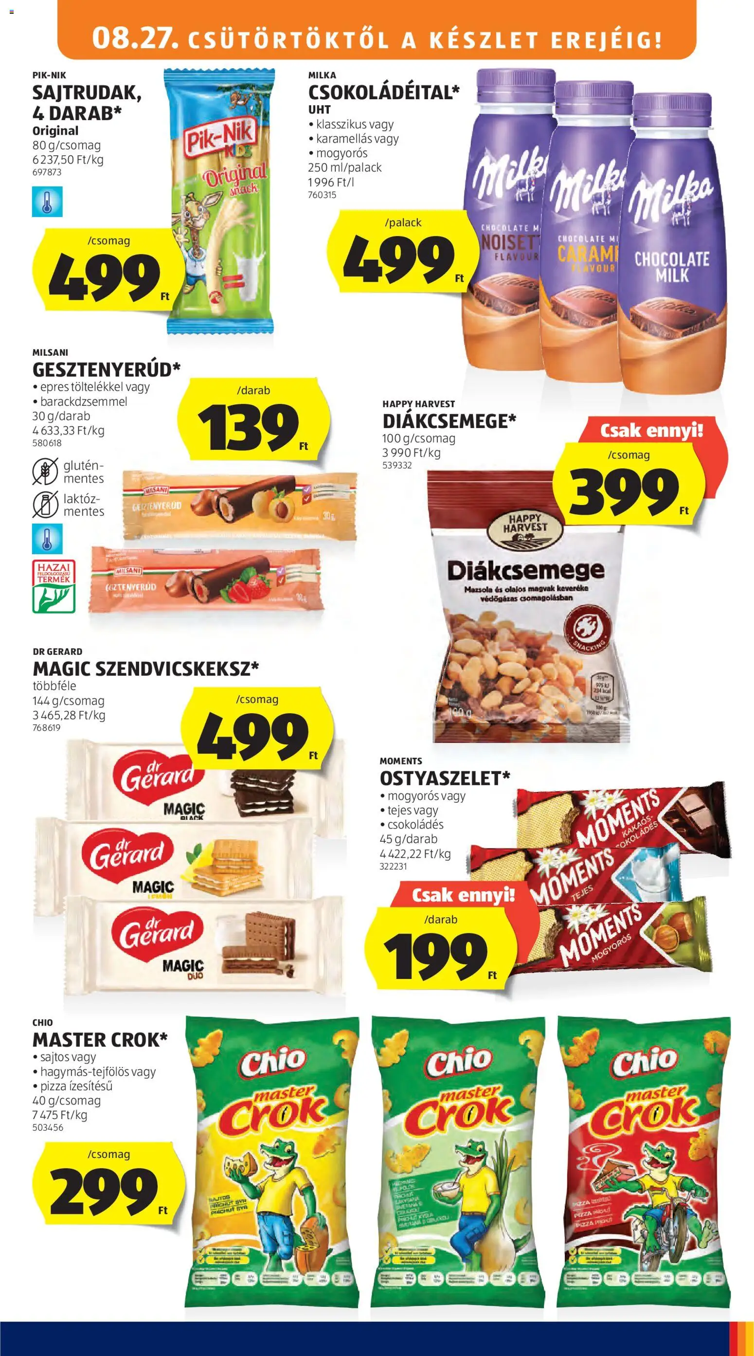 Aldi akciós ujság - amely érvényes a következő dátumtól: 2026.08.27. | Oldal: 13 | Termékek: Chio, Happy Harvest, Diákcsemege, Mazsola