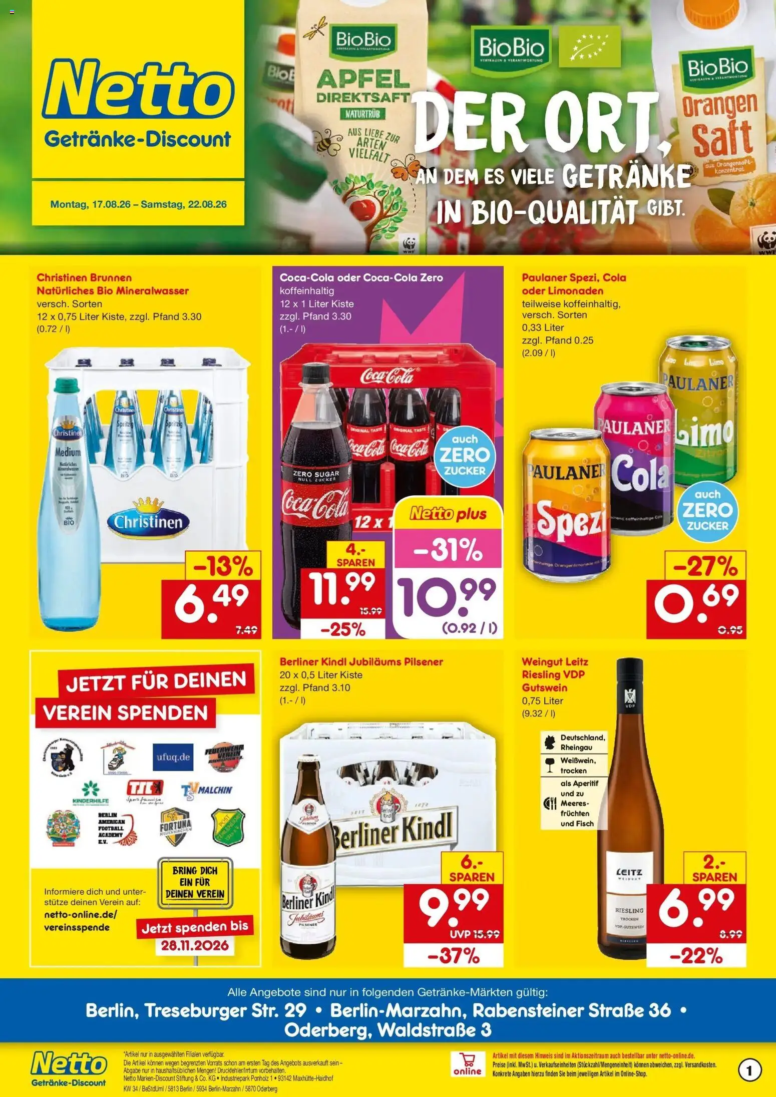 Netto Marken-Discount Prospekt Berlin (ab 17.08.2026) » Angebote | Seite: 1 | Produkte: Berliner, Cola, Football, Paulaner