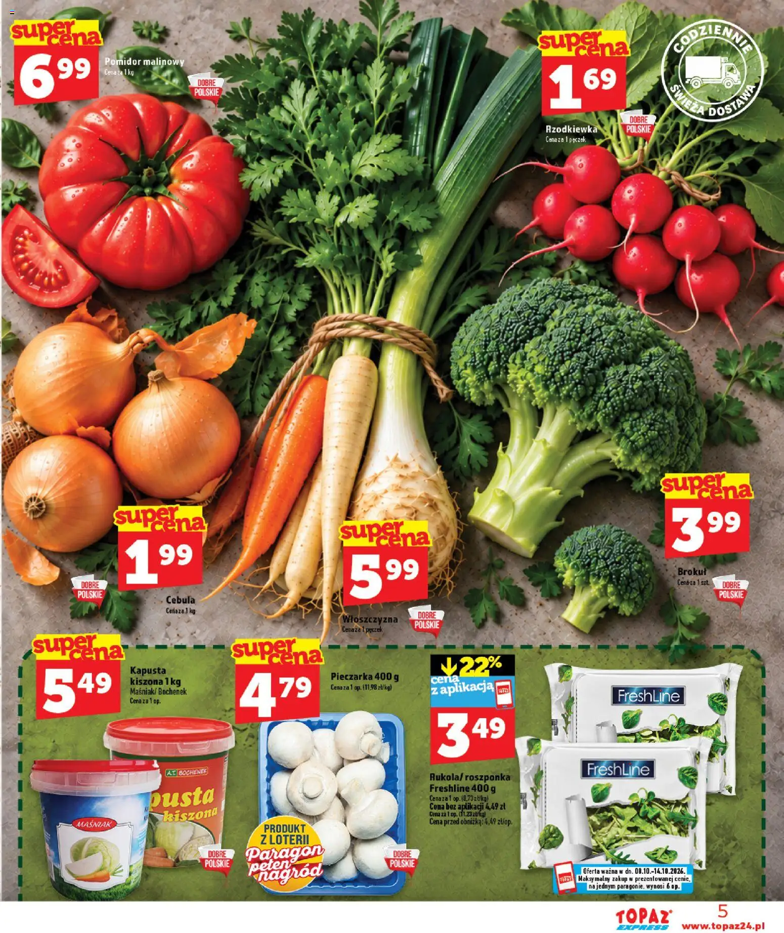 Topaz gazetka - Express od 08.10.2026 | Strona: 5 | Produkty: Kapusta, Pomidor malinowy, Cebula, Roszponka
