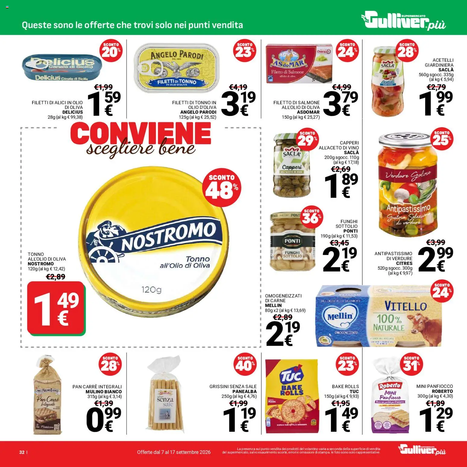 Volantino Gulliver del 07/09/2026 | Pagina: 32 | Prodotti: Pizza, Salmone, Filetto, Olio d'oliva