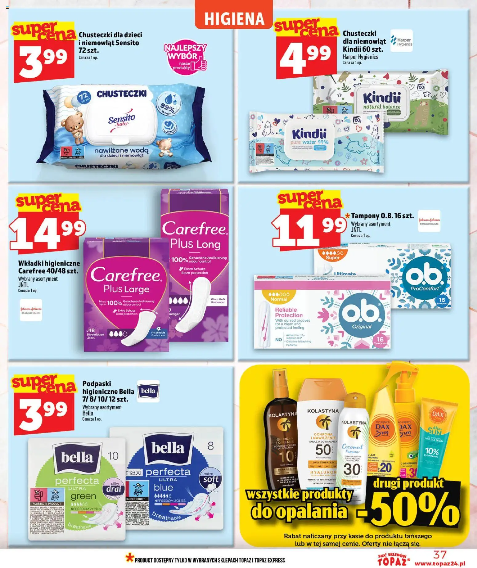 Topaz gazetka - Ceny małe na stałe od 09.07.2026 | Strona: 37 | Produkty: Tampony, Podpaski, Wkładki higieniczne, Woda