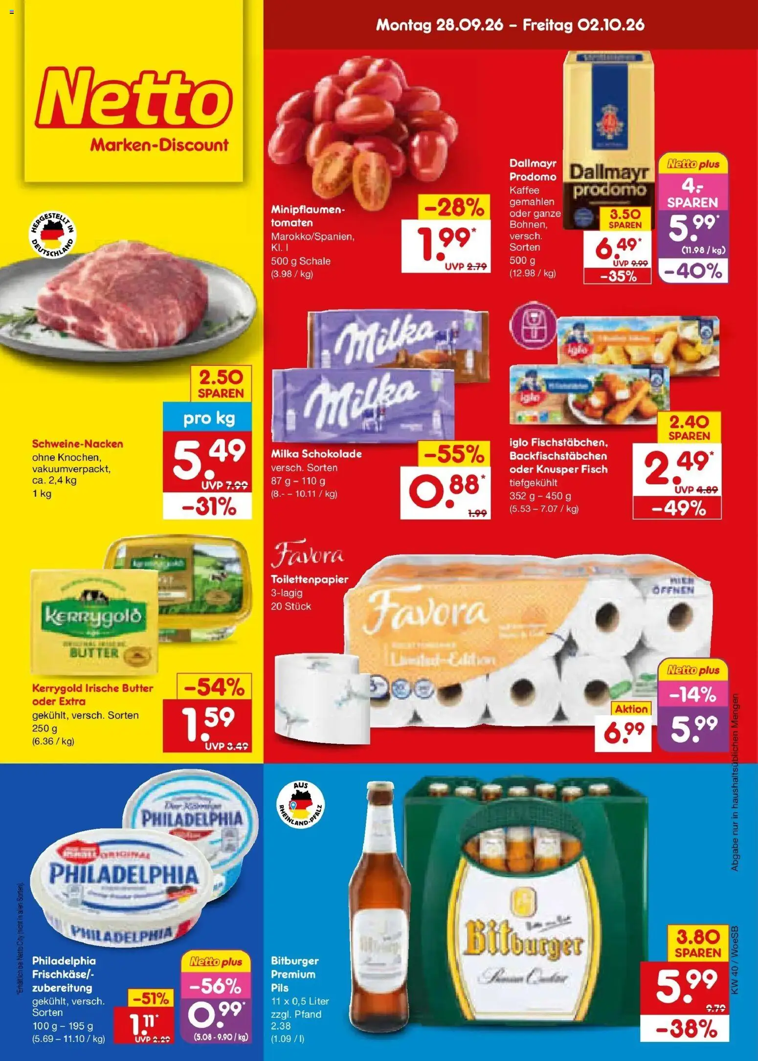 Netto Marken-Discount Prospekt Gemmingen – gültig ab 28.09.2026 | Seite: 1 | Produkte: Bitburger, Butter, Tomaten, Toilettenpapier