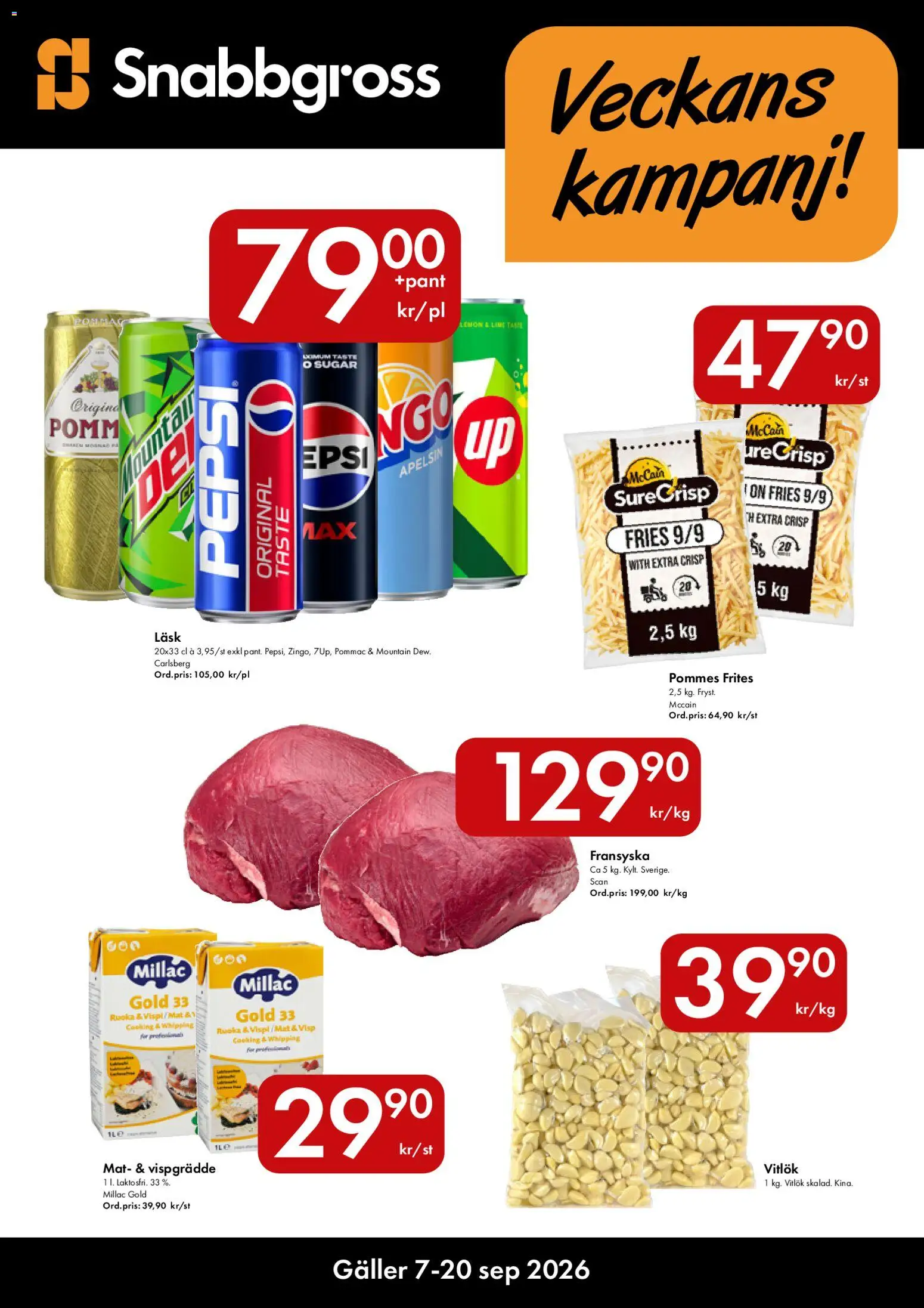 Snabbgross reklamblad aktuell från 07/09/2026 | Sida: 1 | Produkter: Visp, Galler, Apelsin, Lime