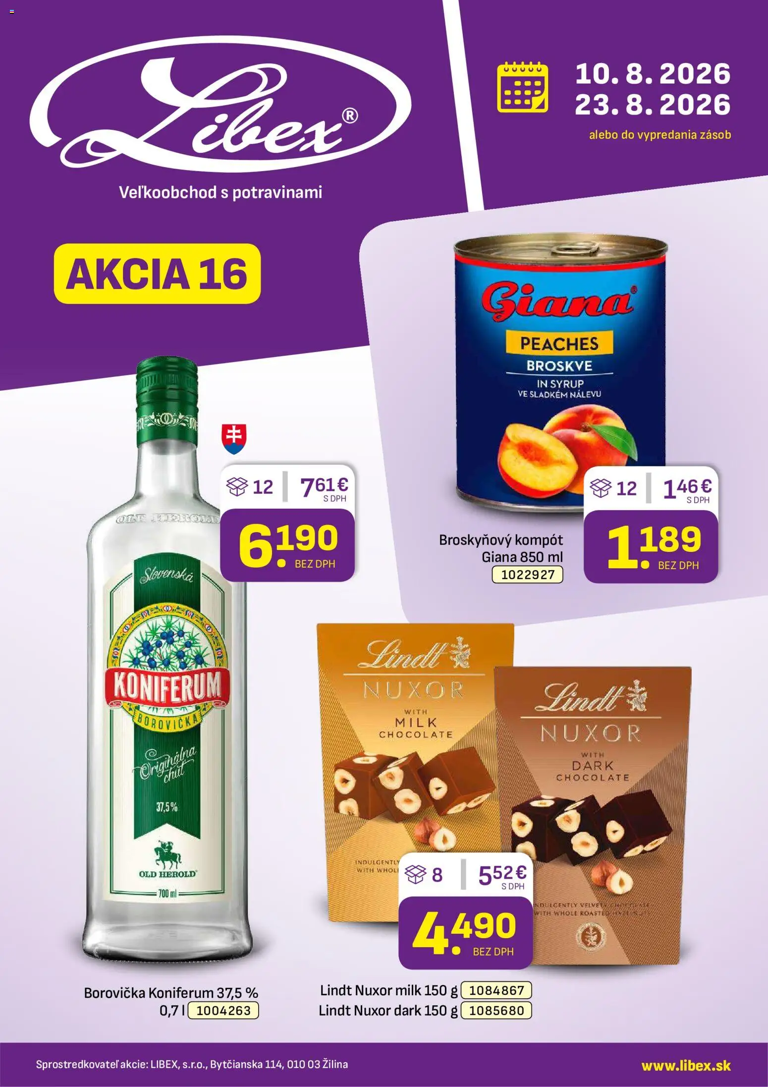 Nové Libex akcie – leták je platný od 10.08.2026 | Strana: 1 | Produkty: Borovička, Lindt, Broskyňový kompót, Koniferum