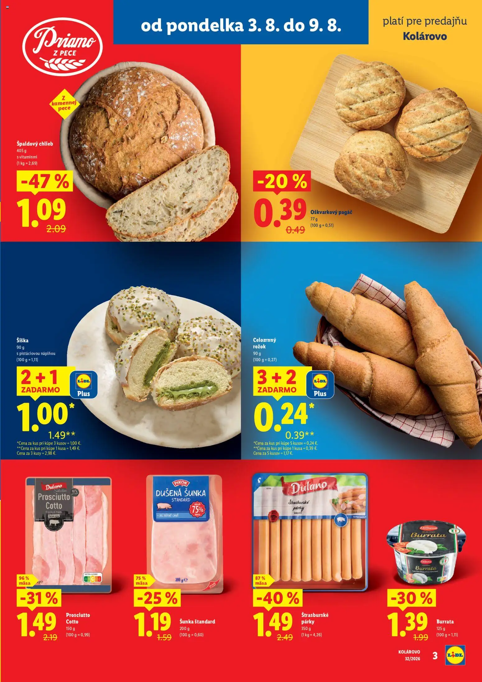 Nové Lidl akcie – leták je platný od 03.08.2026 | Strana: 3 | Produkty: Chlieb, Šunka, Rožok, Párky