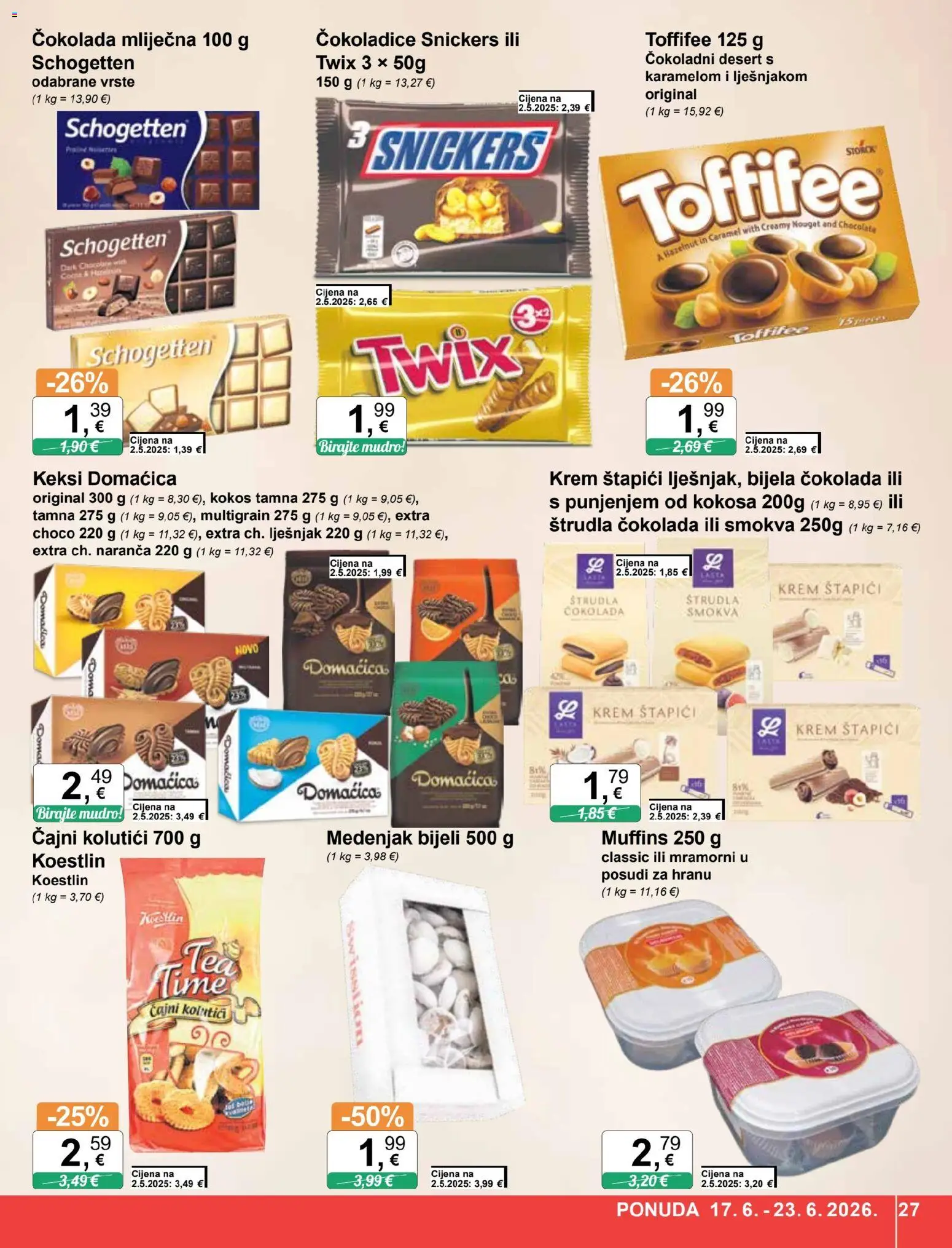 KTC katalog | vrijedi od 17.06.2026 | Stranica: 27 | Proizvodi: Čajni kolutići, Snickers, Keksi, Štapići