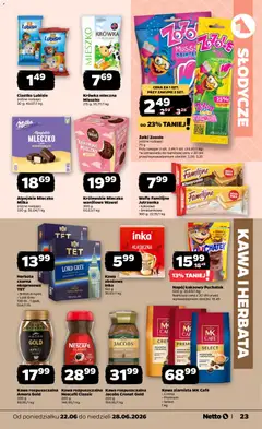 Pogląd oferty "Netto gazetka od poniedziałku spożywcza" - ważna od 22.06.2026 | Strona: 23 | Produkty: Wafle, Kawa rozpuszczalna, Krowka, Kawa