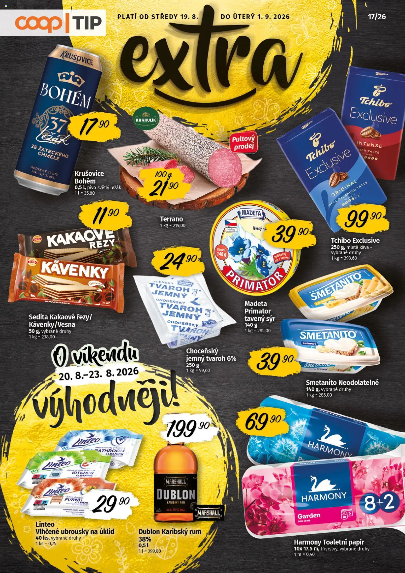 Coop leták - Tip Extra od 19.08.2026 | Strana: 1 | Produkty: Vlhčené ubrousky, Sýr, Káva, Tchibo