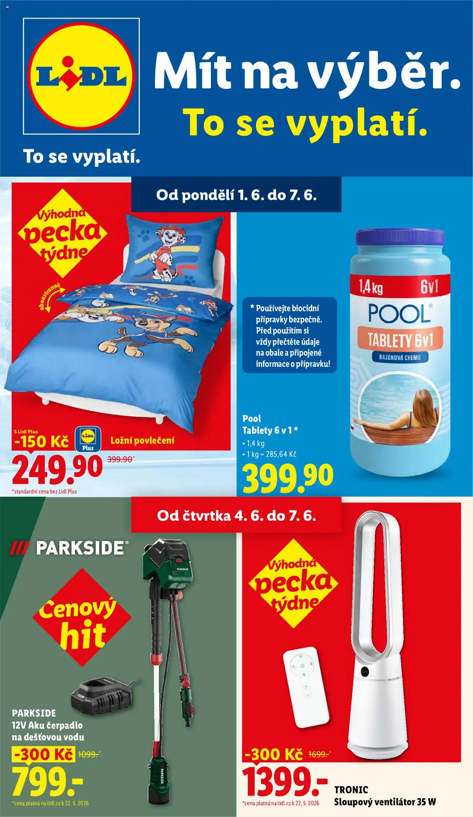 Lidl leták - Spotřební zboží od 01.06.2026 | Strana: 1 | Produkty: Bazénová chemie, Parkside, Sloupový ventilátor, Aku čerpadlo