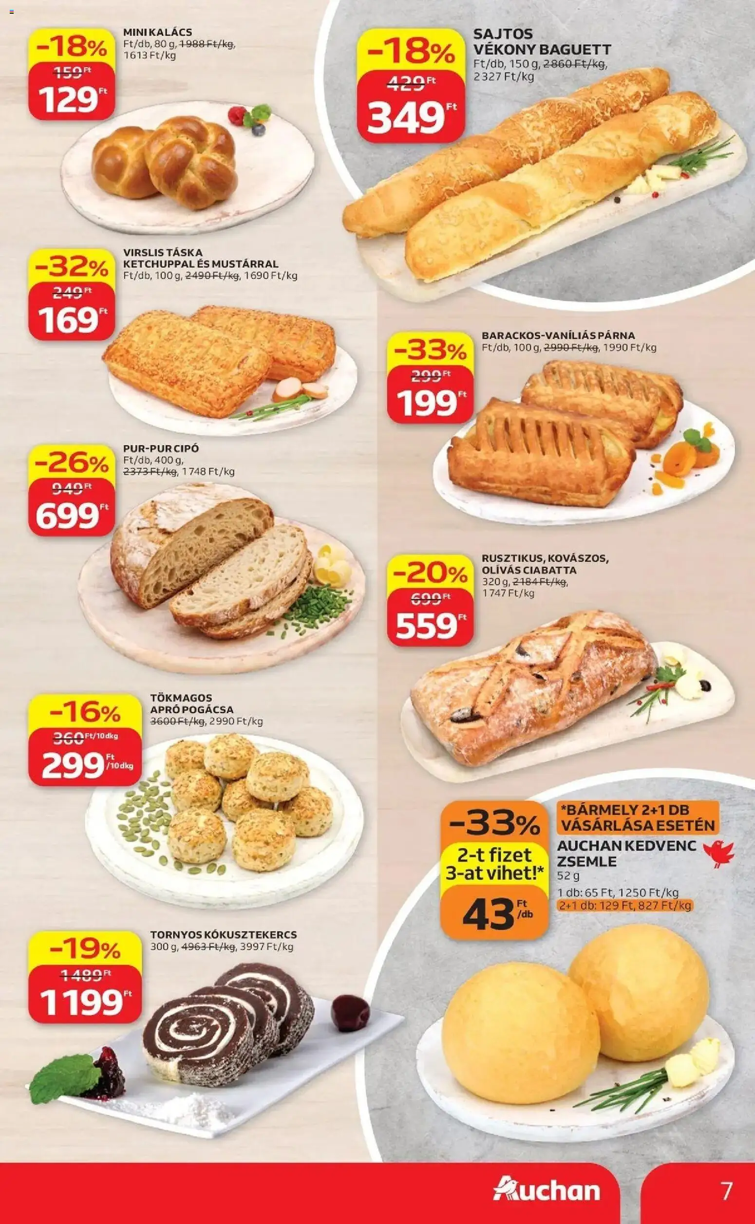 Auchan akciós újság Szolnok - 2026.08.20. -tól/töl > akció, lapozható szórólap 🛍️ | Oldal: 7 | Termékek: Párna, Ciabatta, Pogácsa, Baguette