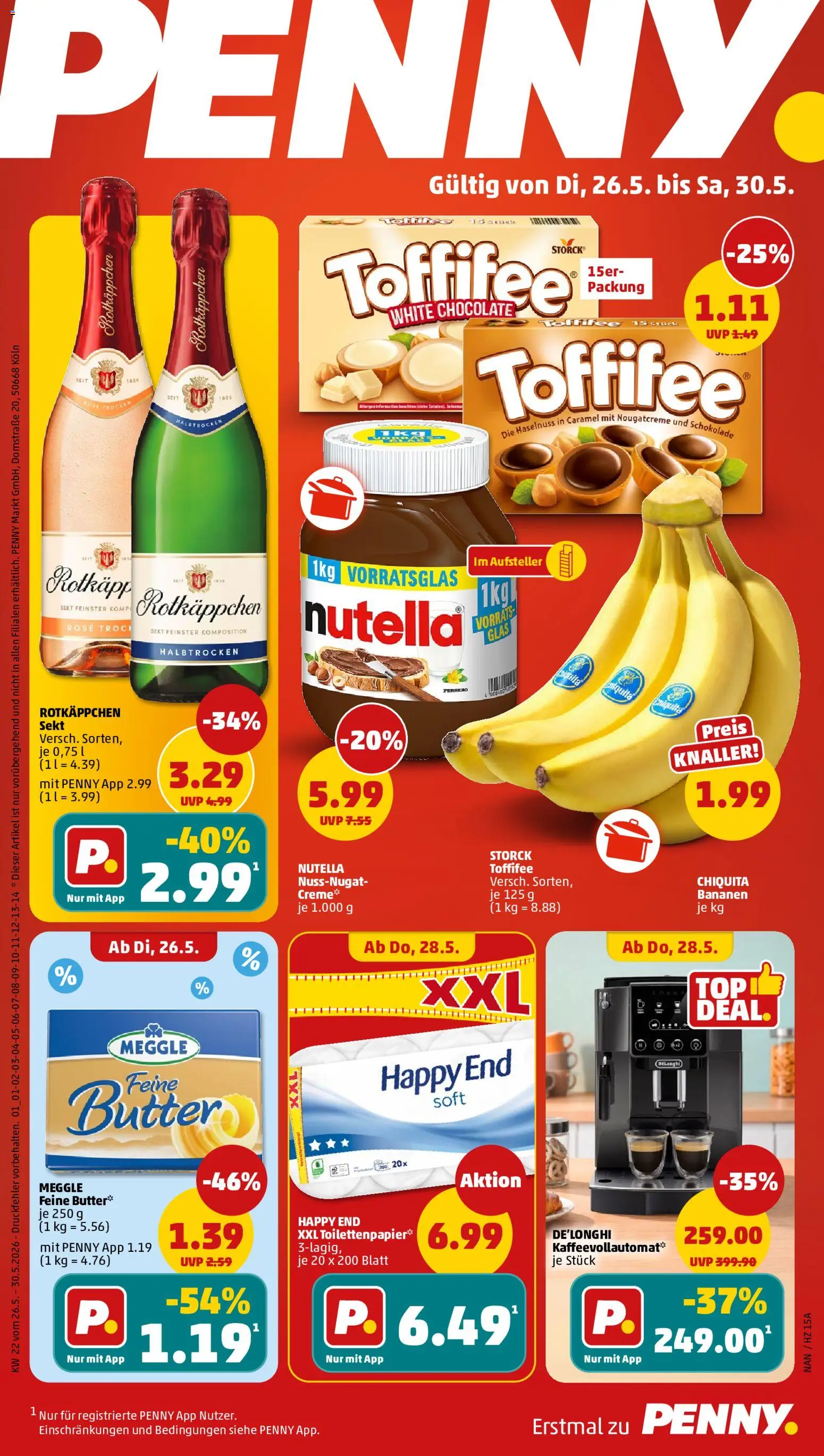 Penny Prospekt – gültig ab 26.05.2026 | Seite: 1 | Produkte: Rotkappchen sekt, Bananen, Nutella, Toffifee