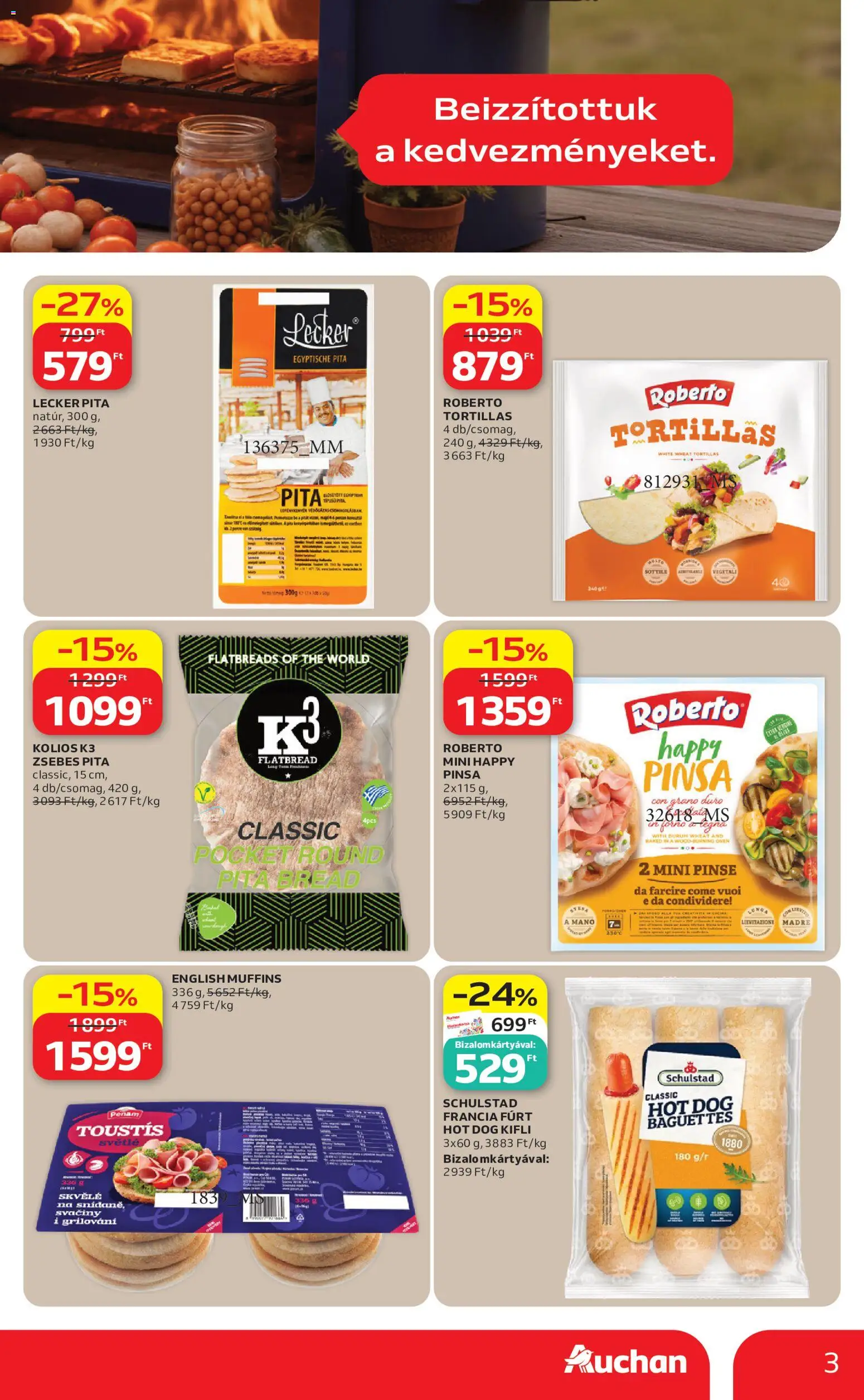Auchan akciós ujság - amely érvényes a következő dátumtól: 21.05.2026 | Oldal: 3 | Termékek: Hot dog, Kifli, Pita