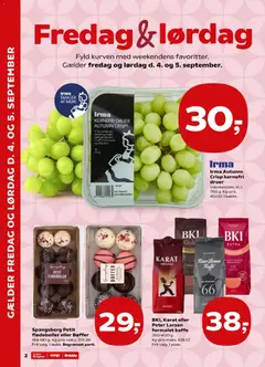 Irma, KERNEFRI DRUER, AUTUMN CRISP®, Udenlandske, kl. I., 750 g. Kg-pris maks., 40,00. 1 bakke. gyldig fra 04/09/2026 | Side: 2 | Produkter: Kaffe, Bøffer, Flødeboller, Druer