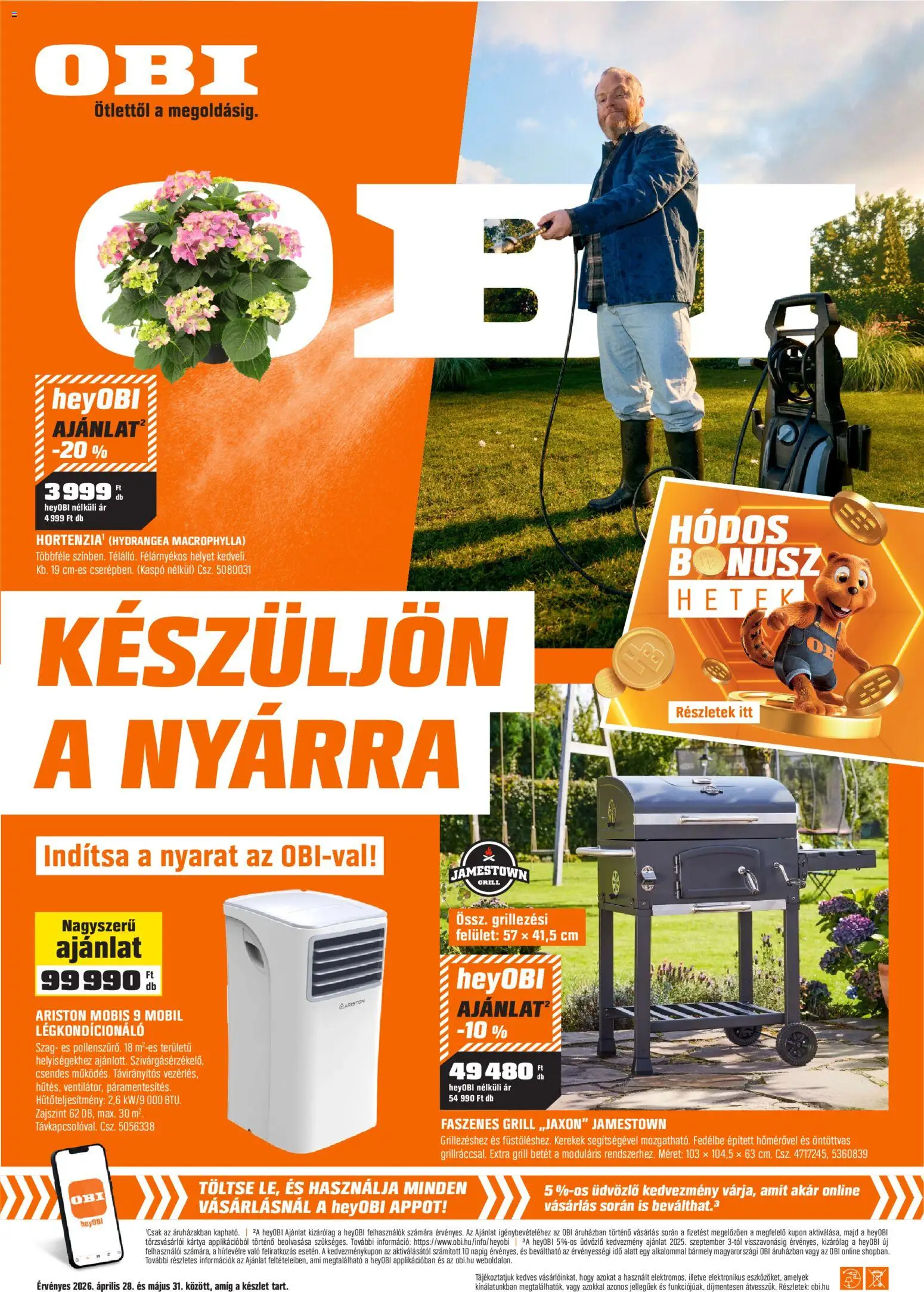 OBI akciós ujság - amely érvényes a következő dátumtól: 28.04.2026 | Oldal: 1 | Termékek: Grill, Légkondicionáló, Kaspó