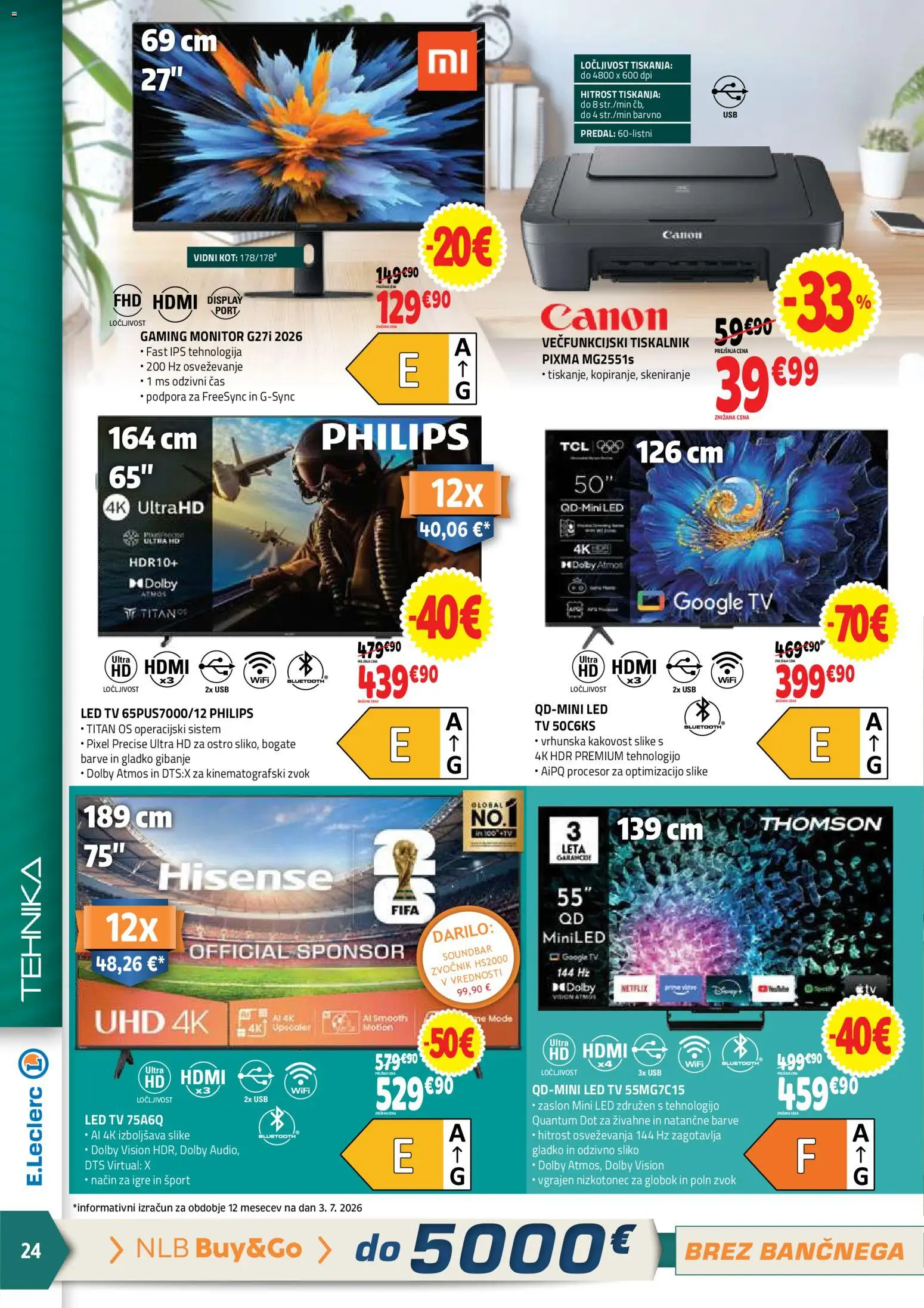 Novi E.leclerc katalog ponudbe – veljaven od 15.07.2026 | Stran: 24 | Izdelki: Tiskalnik, Tv, Zvocnik, Led tv