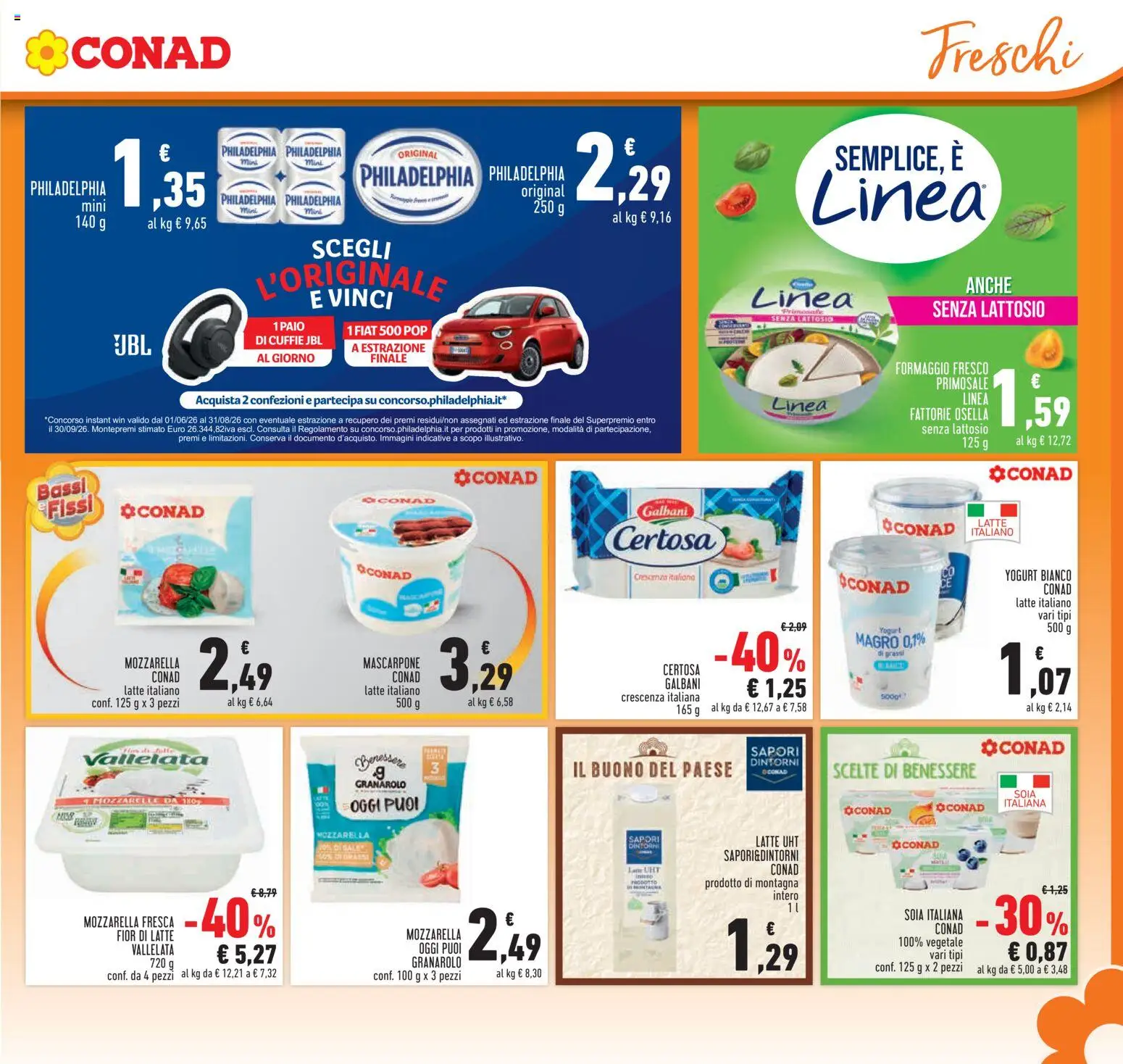 Volantino Conad del 16/07/2026 | Pagina: 15 | Prodotti: Yogurt, Mozzarella, Latte, Cuffie