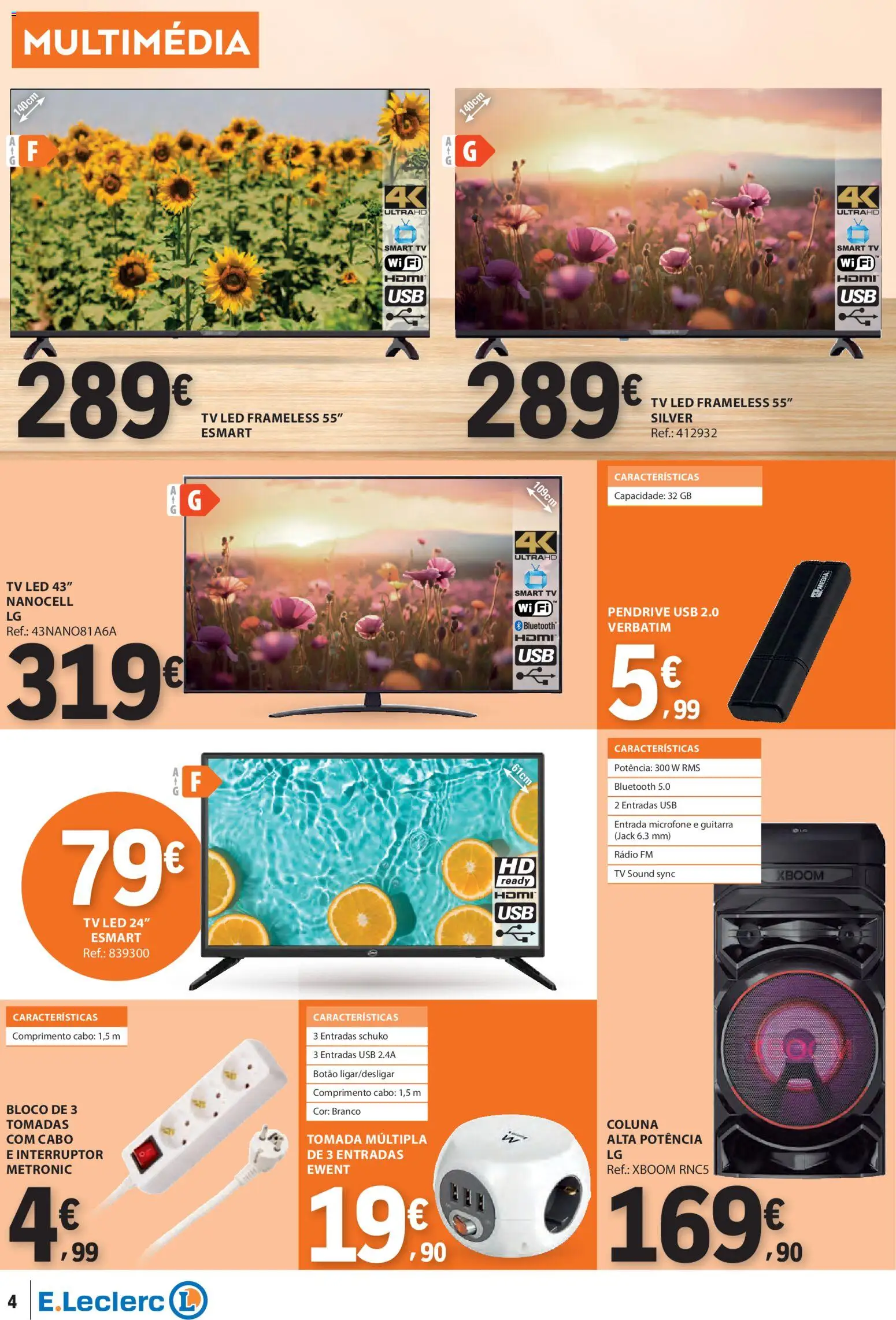 E.Leclerc folheto Não Alimentar │ válido de 09.04.2026 | Página: 4 | Produtos: Cabo, USB, Tv led, Interruptor