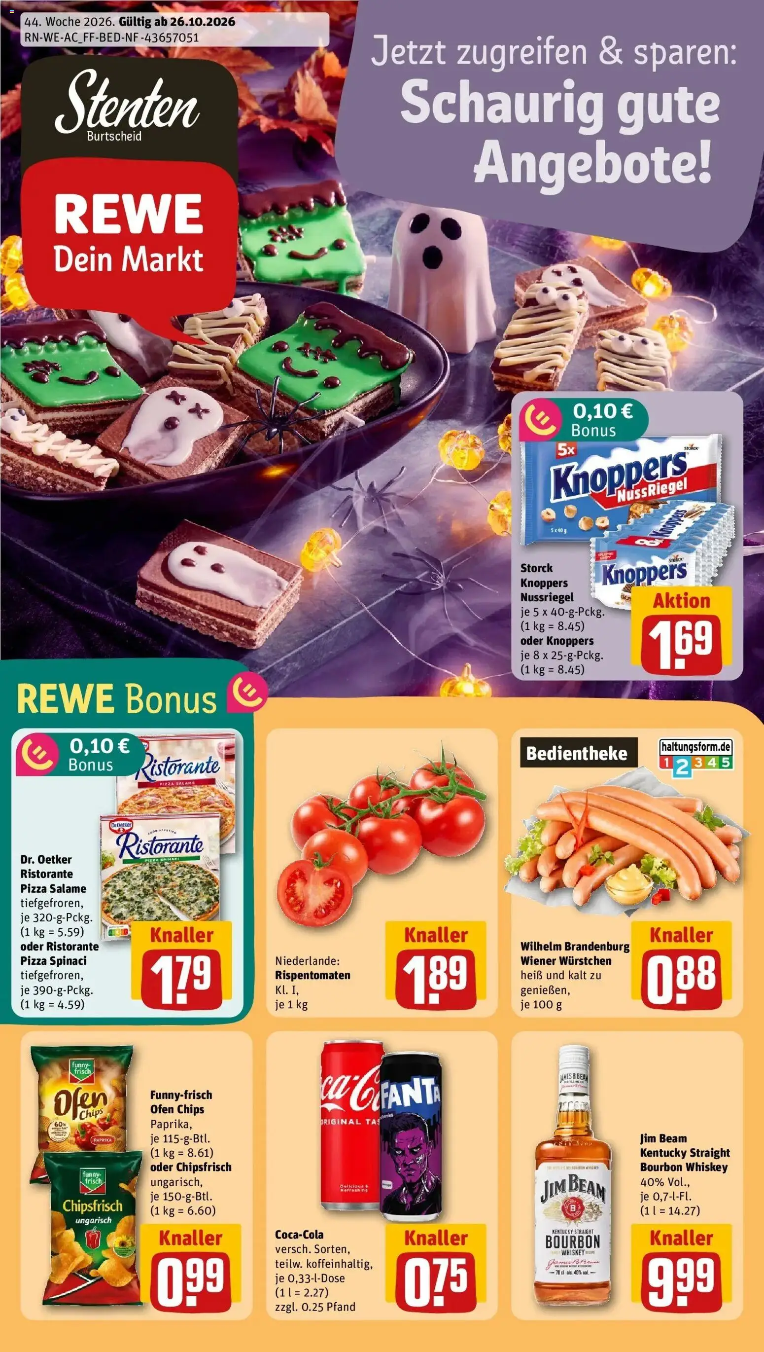REWE Prospekt ab 26.10.2026 zum Blättern » Angebote | Seite: 1 | Produkte: Ristorante, Knoppers, Bourbon, Whiskey