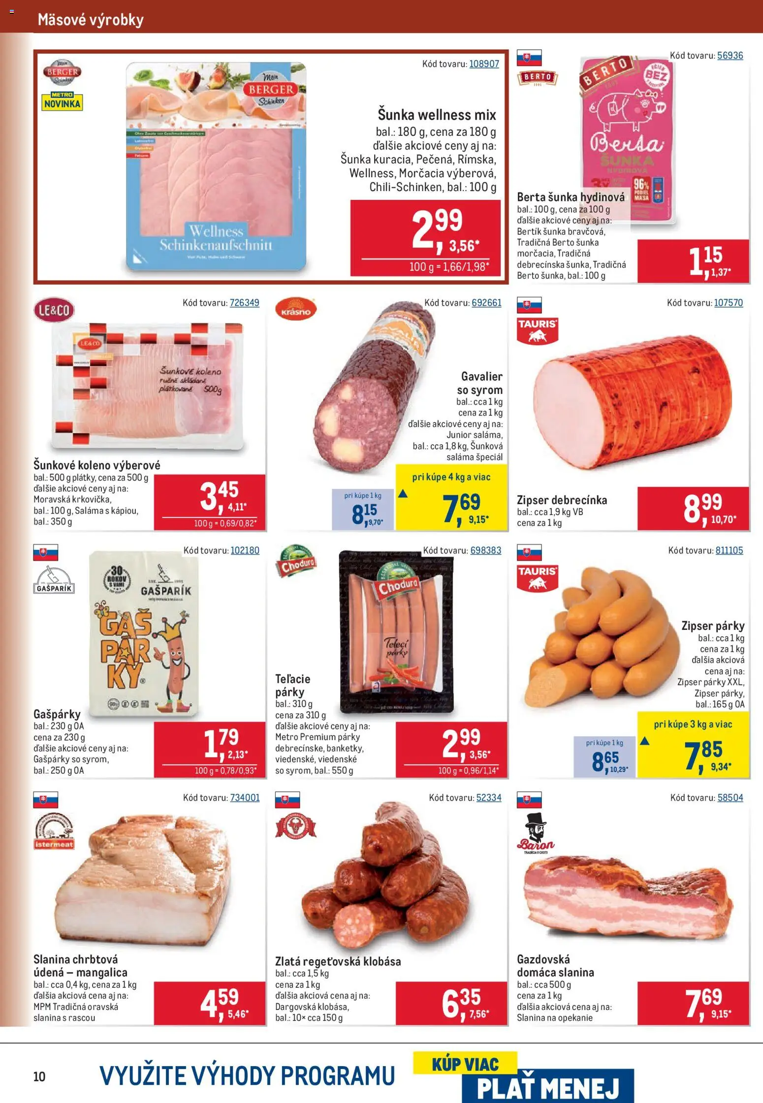 Nové Metro akcie – leták je platný od 17.06.2026 | Strana: 10 | Produkty: Saláma, Šunka, Klobása, Párky