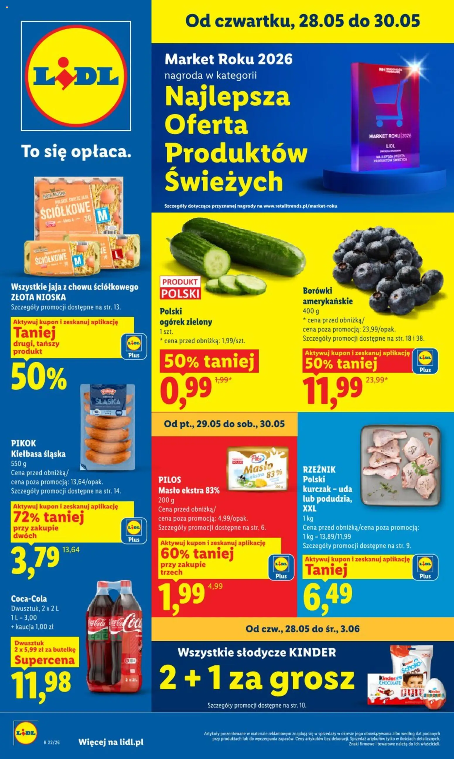Lidl gazetka od 28.05.2026 | Strona: 1 | Produkty: Kurczak, Coca cola, Kiełbasa śląska, Jaja