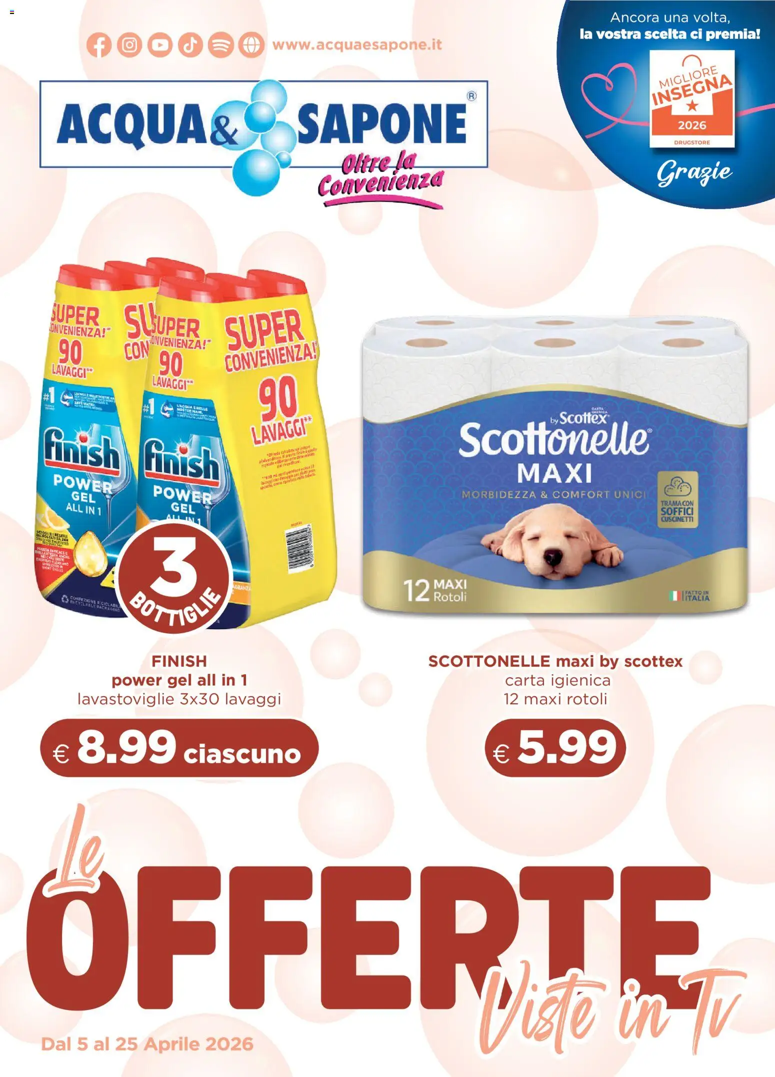 Volantino Acqua e Sapone del 05.04.2026 | Pagina: 1 | Prodotti: Carta igienica, Sapone, Lavastoviglie