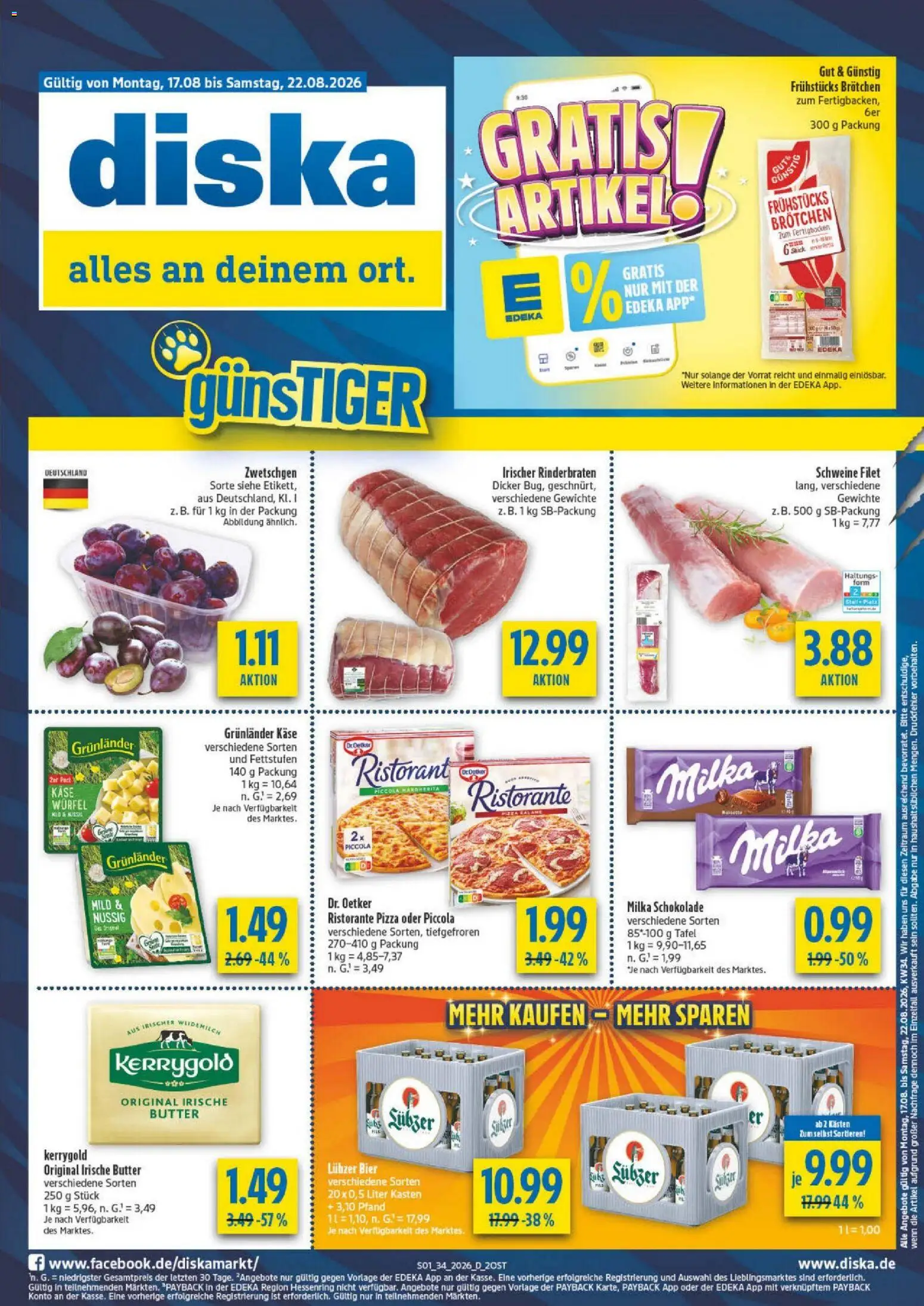 Diska - Diska Angebote Sachsen-Thüringen KW34 – gültig ab 17.08.2026 | Seite: 1 | Produkte: Rinderbraten, Bier, Milka schokolade, Lubzer