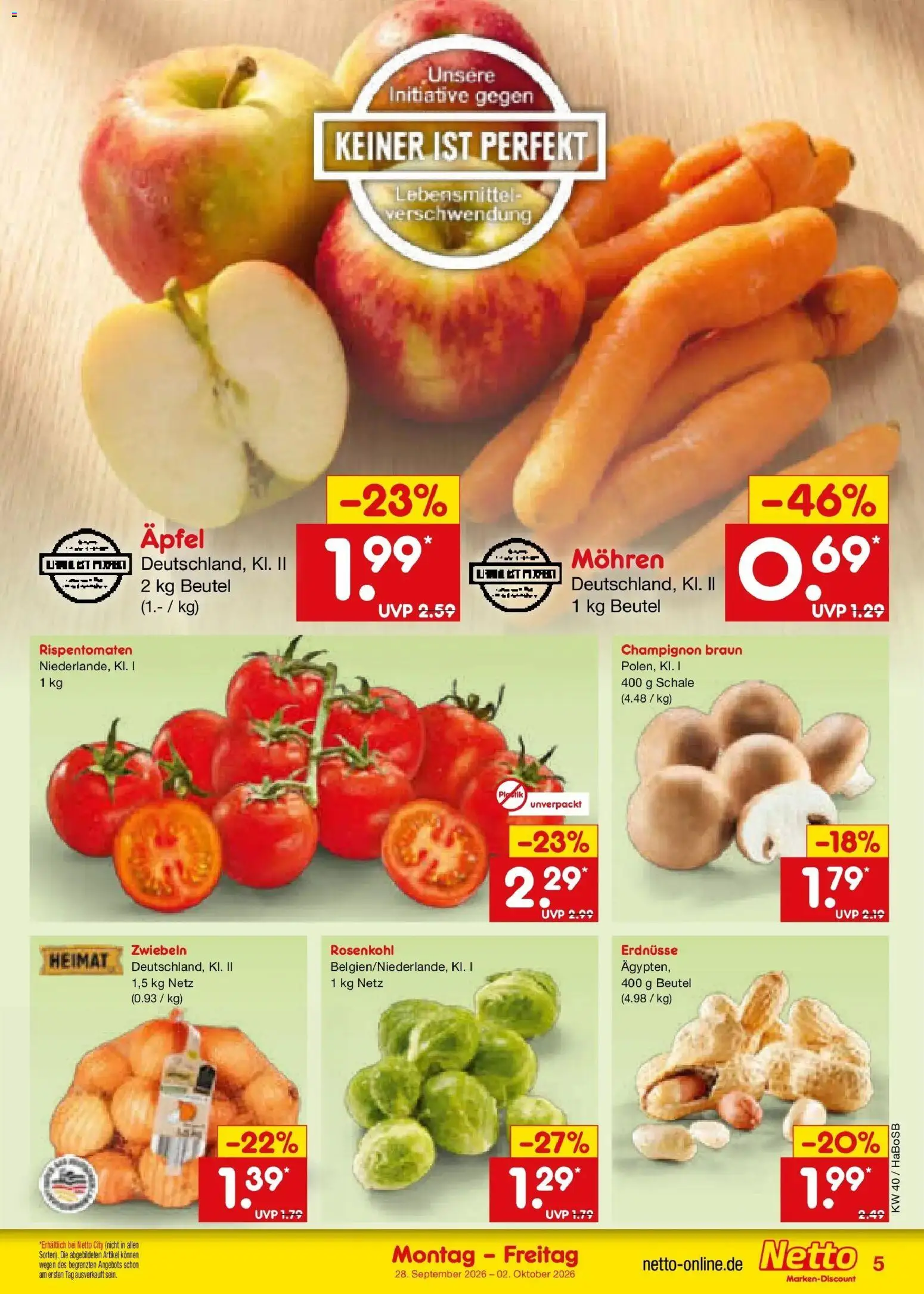 Netto Marken-Discount Prospekt Unna – gültig ab 28.09.2026 | Seite: 5 | Produkte: Erdnüsse, Äpfel, Mohren, Zwiebeln