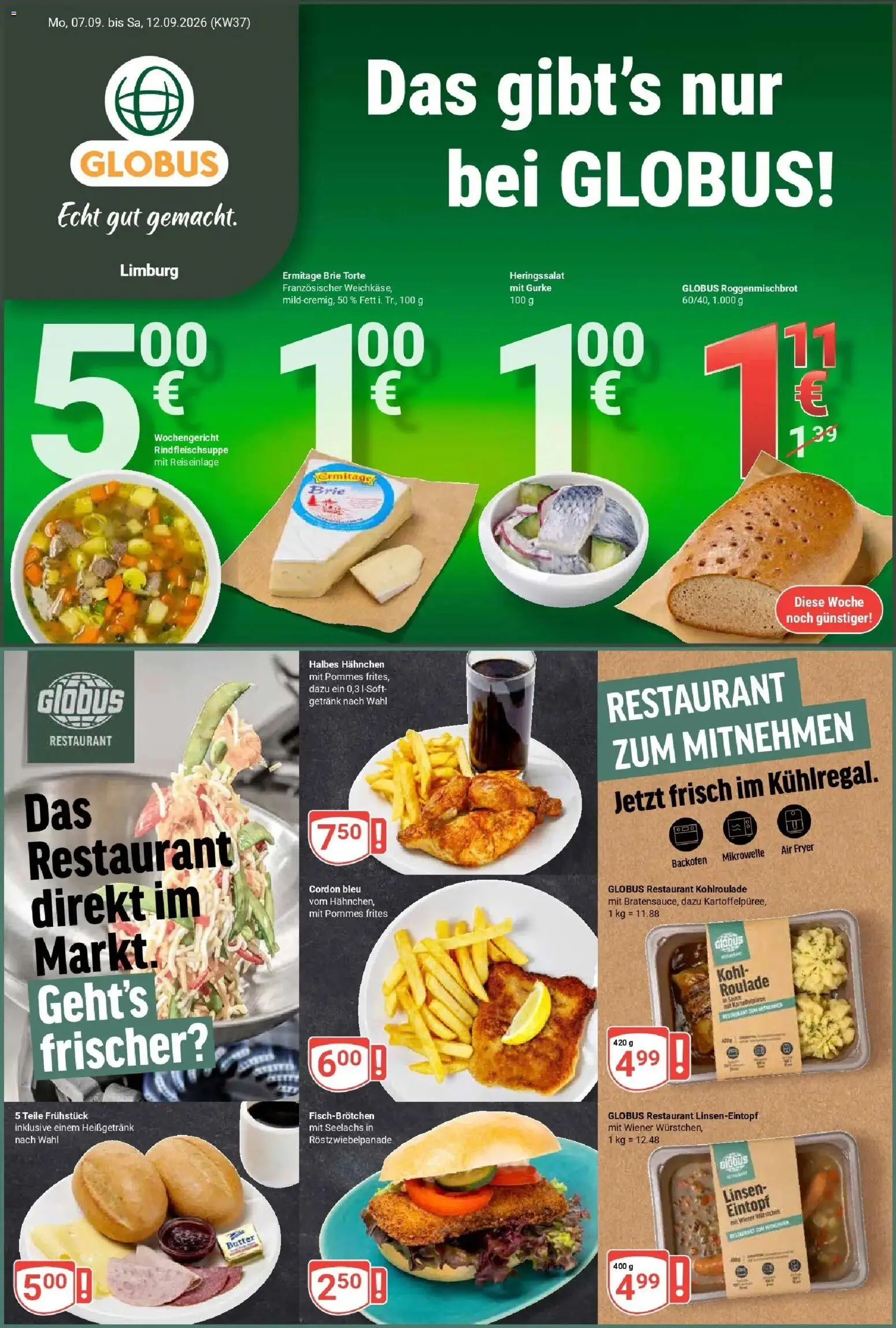 Globus Prospekt Limburg – gültig ab 07.09.2026 | Seite: 1 | Produkte: Hahnchen, Wiener wurstchen, Pommes, Backofen