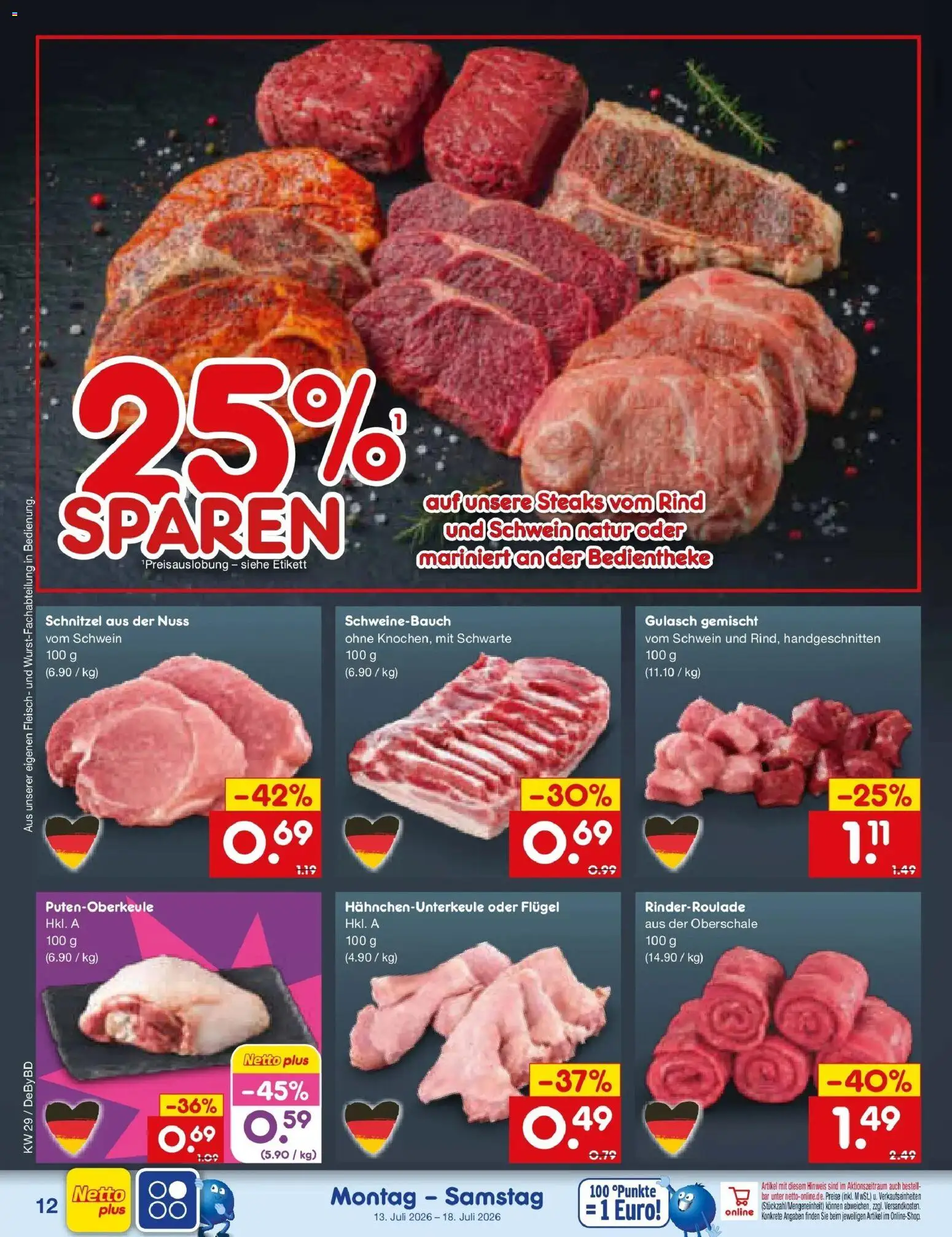 Netto Marken-Discount Prospekt Buttenwiesen – gültig ab 13.07.2026 | Seite: 14 | Produkte: Schweinebauch, Schnitzel, Gulasch, Fleisch