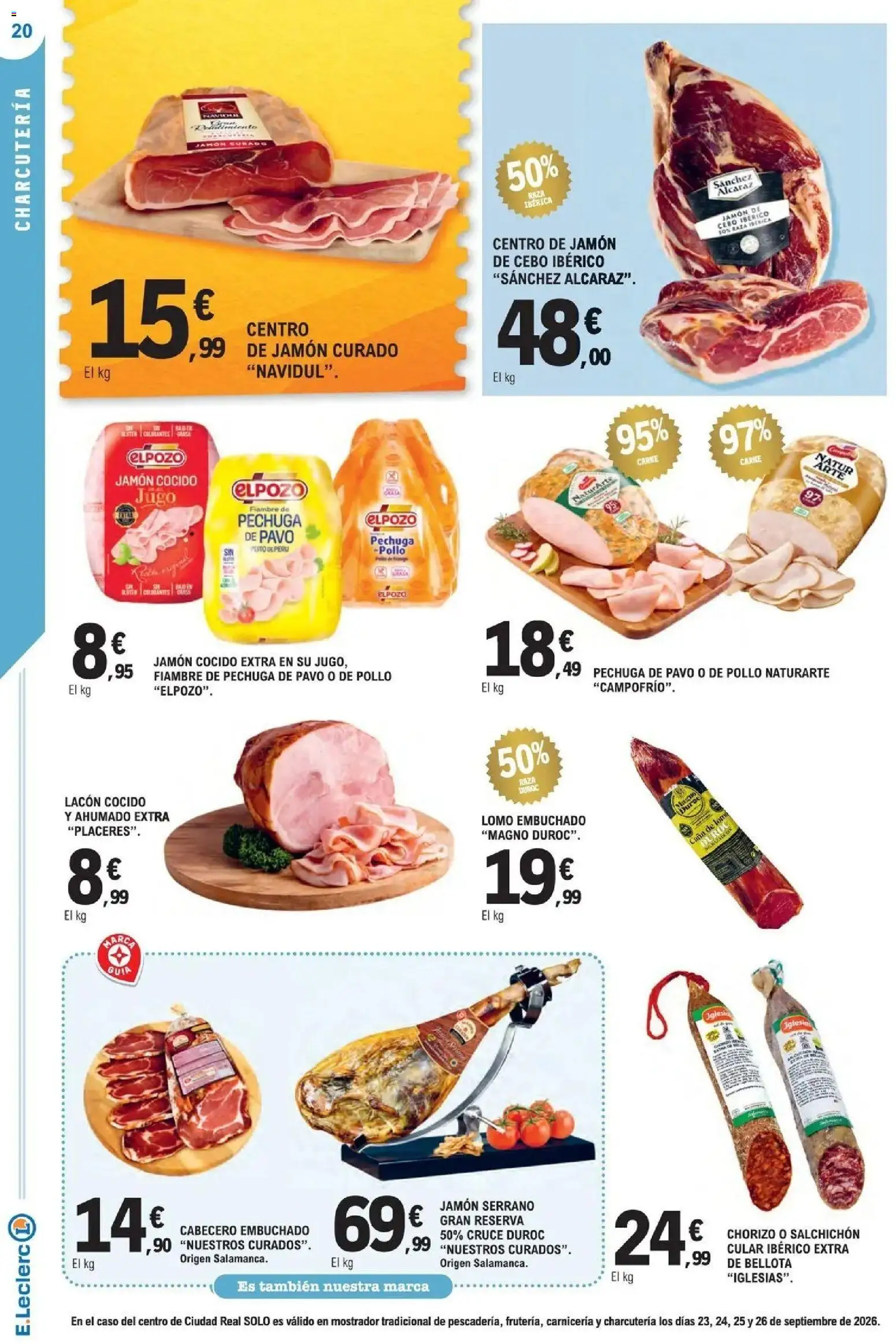 E.Leclerc Megames 1 │ válido desde el 23/09/2026 | Página: 20 | Productos: Jamón curado, Lomo, Jamón, Jugo