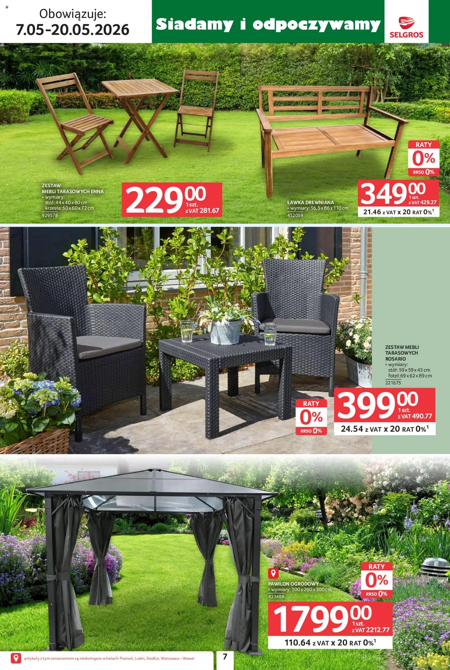 Selgros cash&carry gazetka - Ogród od 07.05.2026 | Strona: 7 | Produkty: Ławka drewniana, Pawilon ogrodowy, Stół