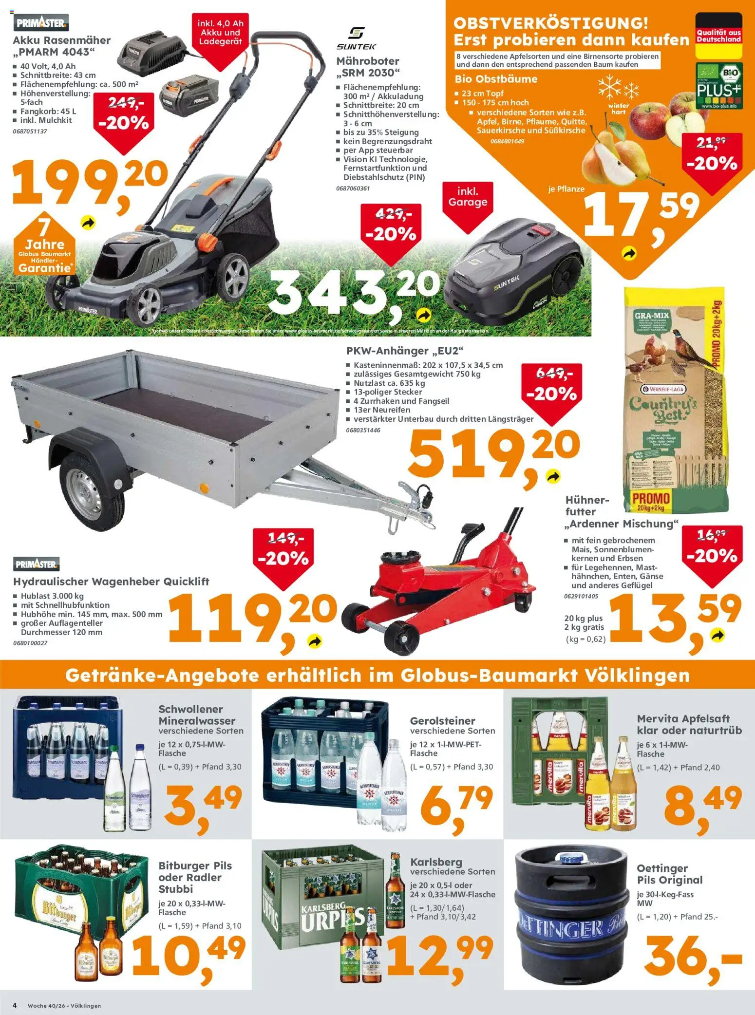 Globus Baumarkt Prospekt Saarbrücken – gültig ab 01.10.2026 | Seite: 4 | Produkte: Mineralwasser, Radler, Ladegerät, Erbsen