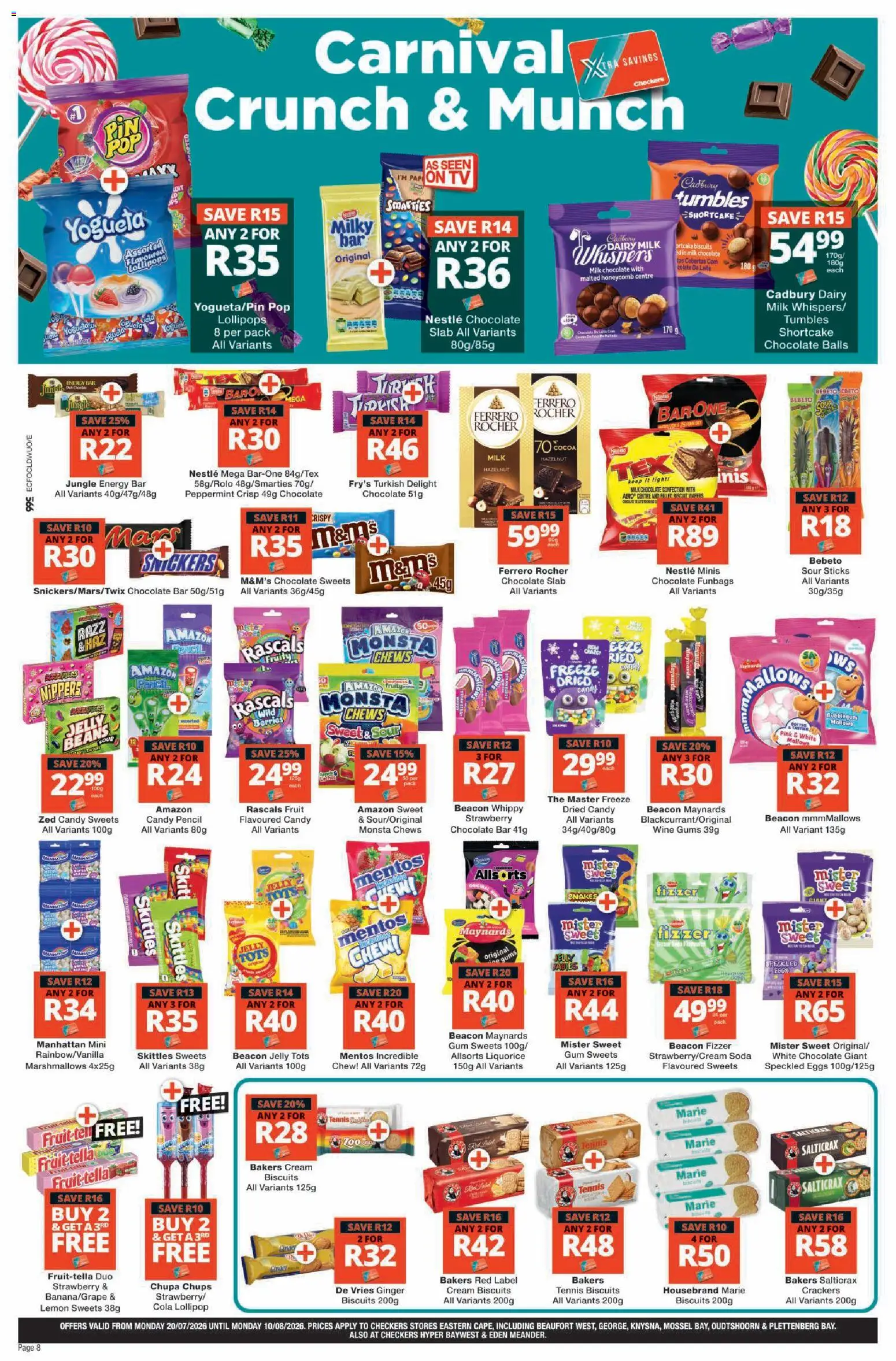 New Checkers catalogue – valid from 20/07/2026 | Page: 8 | Products: Sweets, Pencil, Fry's, Lemon