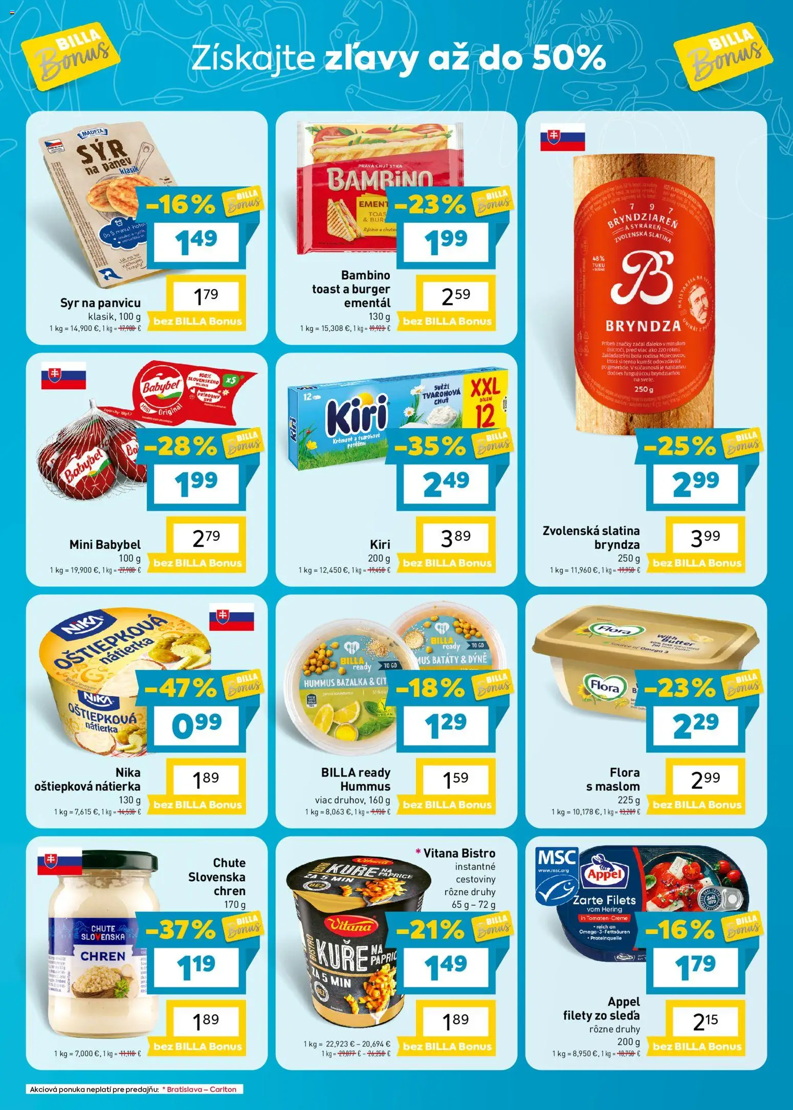Nové Billa akcie – leták je platný od 28.10.2026 | Strana: 5 | Produkty: Chren, Hummus, Bryndza, Omega