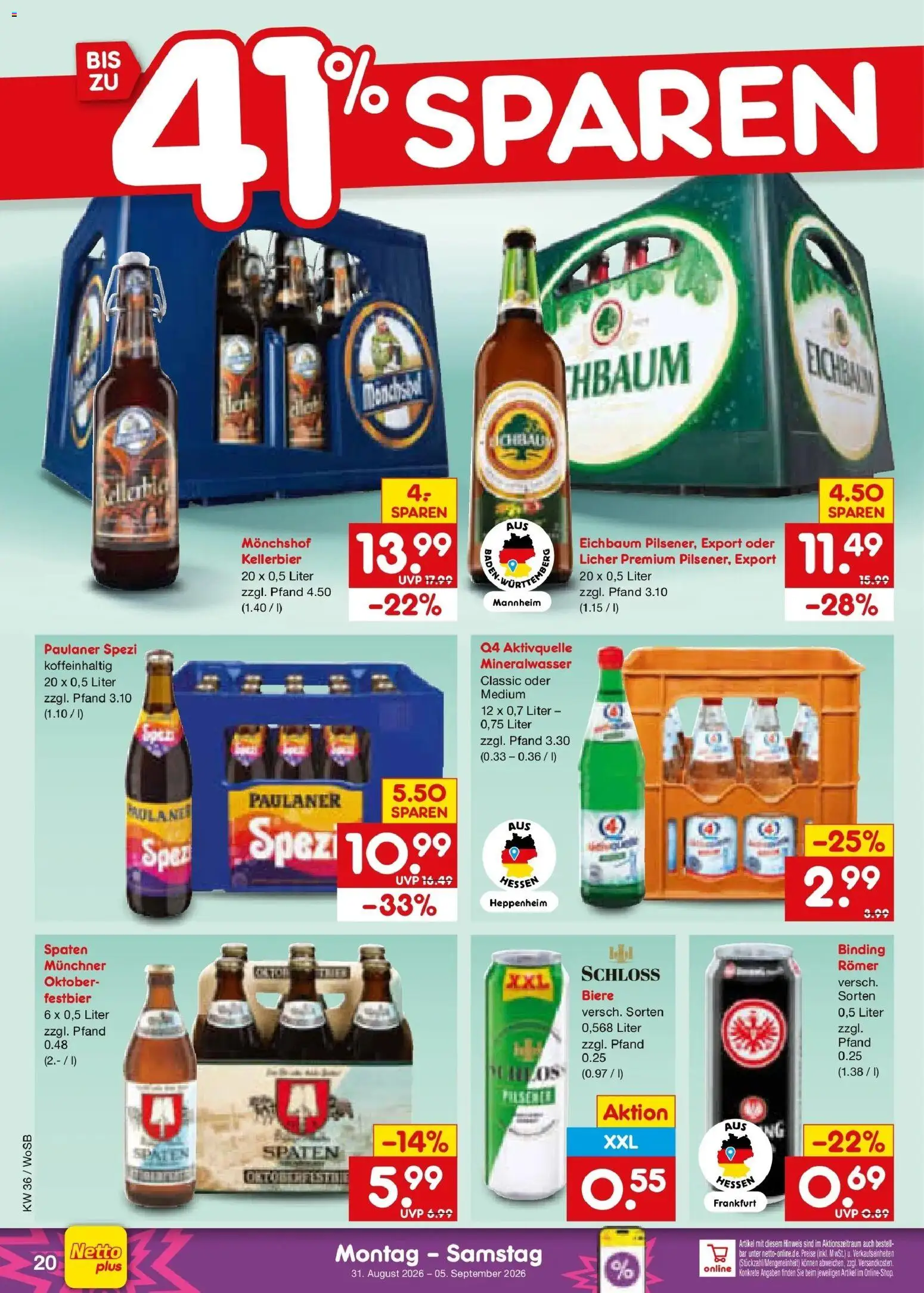 Netto Marken-Discount Prospekt Mannheim (ab 31.08.2026) » Angebote | Seite: 26 | Produkte: Monchshof, Paulaner spezi, Mineralwasser, Paulaner