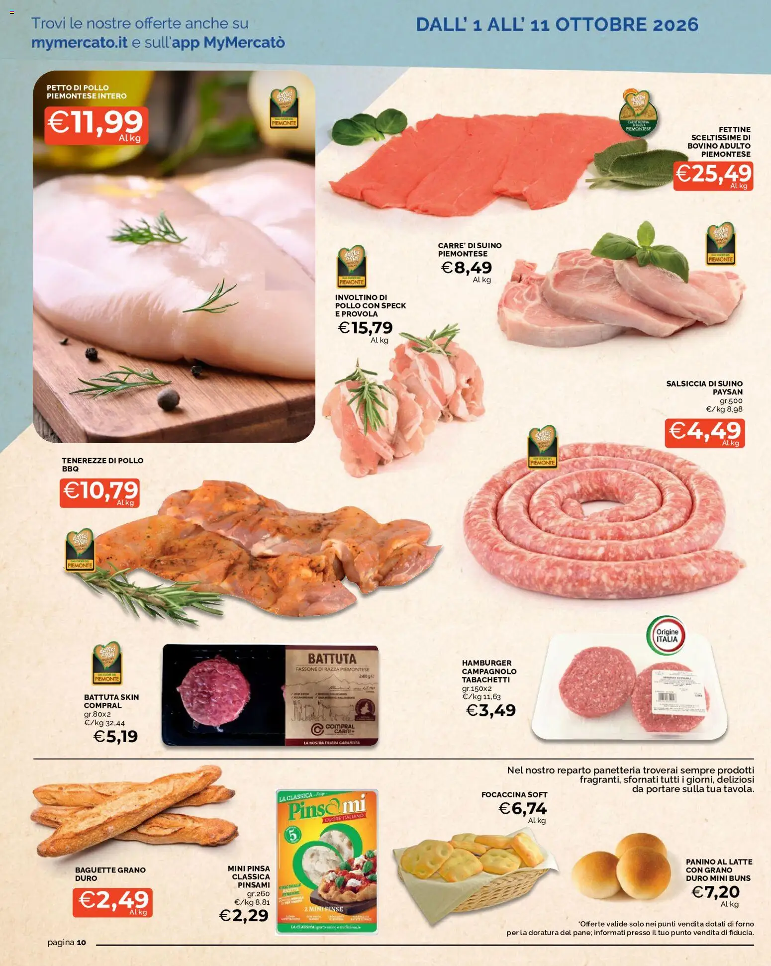 Volantino Mercatò del 01/10/2026 | Pagina: 10 | Prodotti: Baguette, Suino, Latte, Salsiccia