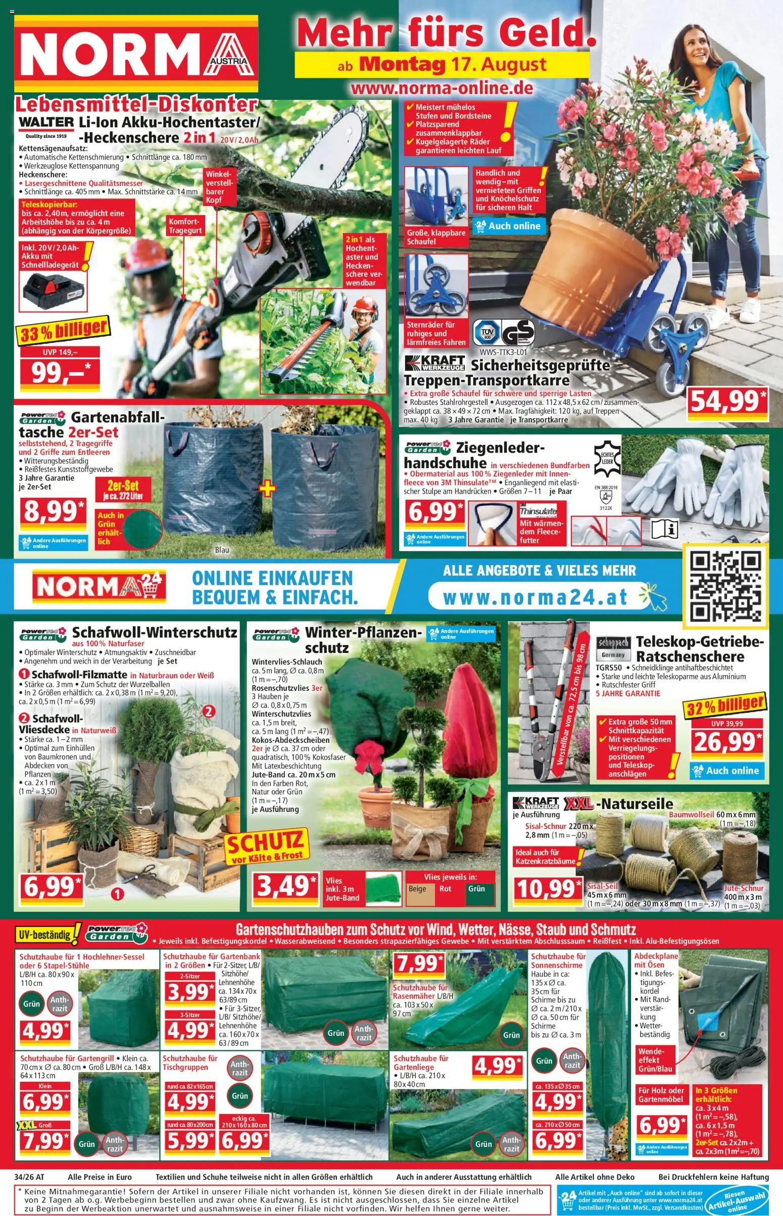 Norma Flugblatt gültig ab 17.08.2026 | Seite: 1 | Produkte: Handschuhe, Tasche, Rasenmäher, Gartenmöbel