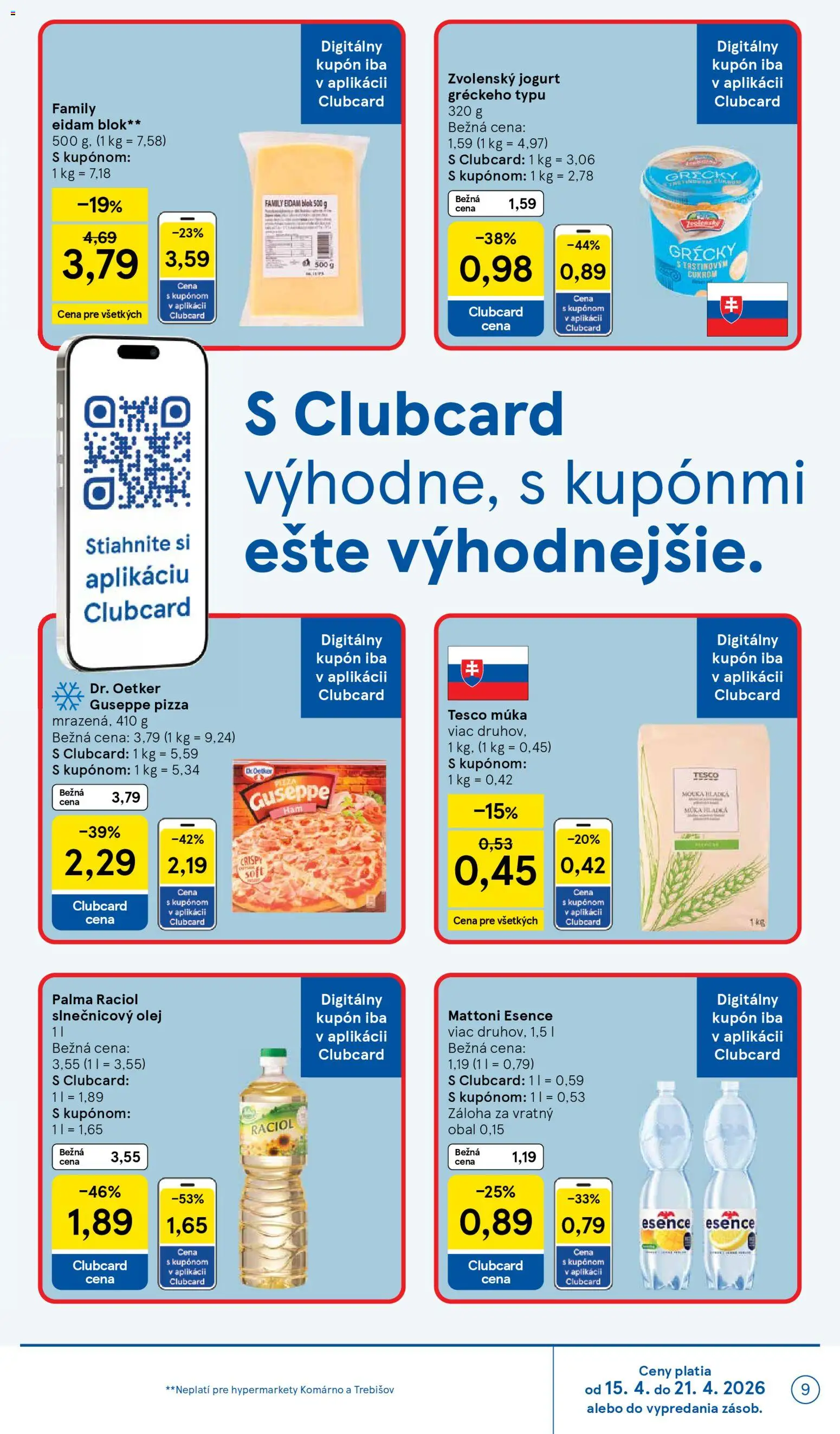 Nové Tesco akcie – leták je platný od 15.04.2026 | Strana: 9 | Produkty: Jogurt, Pizza, Slnečnicový olej, Múka