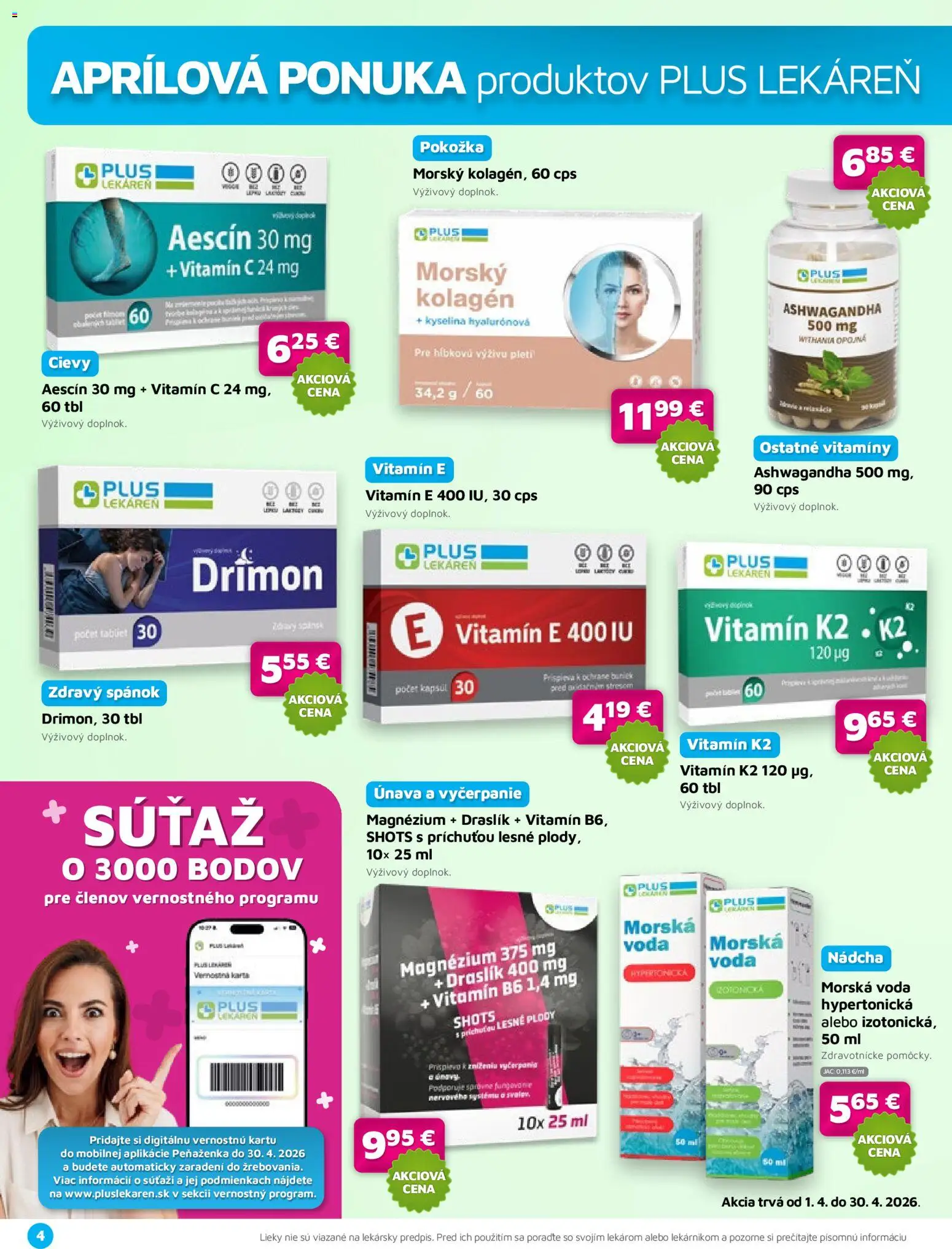 Nové Plus lekáreň akcie – leták je platný od 01.04.2026 | Strana: 4 | Produkty: Kolagén, Peňaženka, Voda