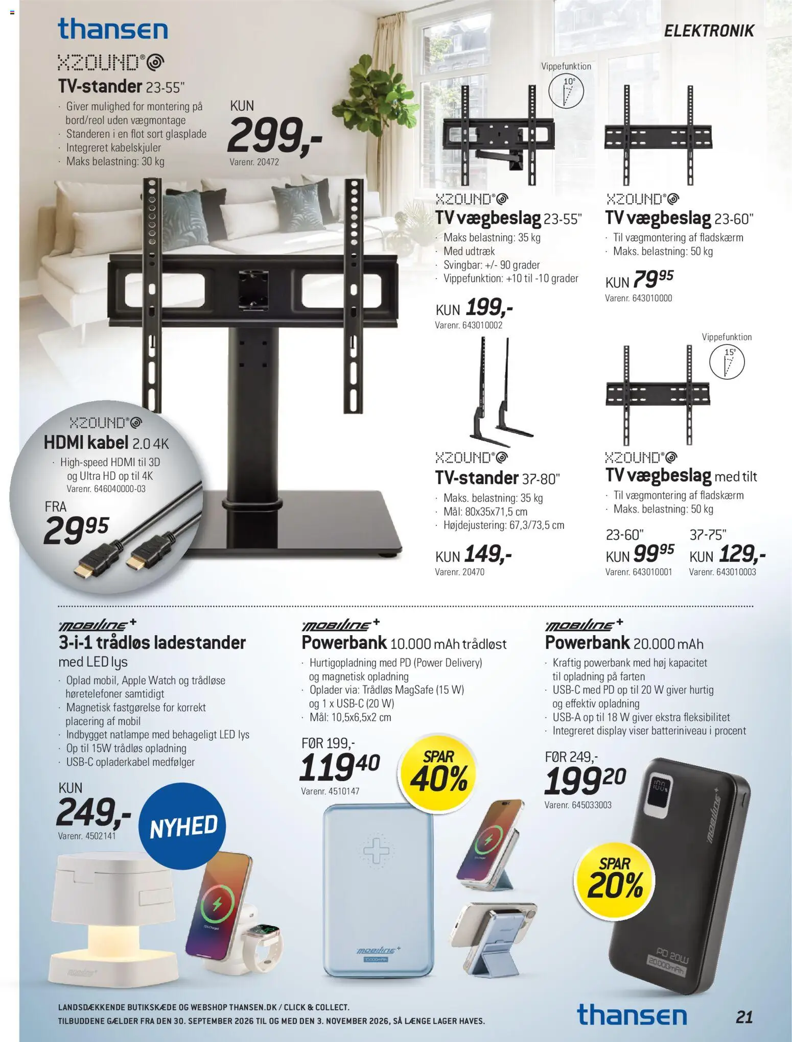 Thansen tilbudsavis – gyldig fra 30/09/2026 | Side: 21 | Produkter: Powerbank, Fladskærm, Høretelefoner, HDMI kabel