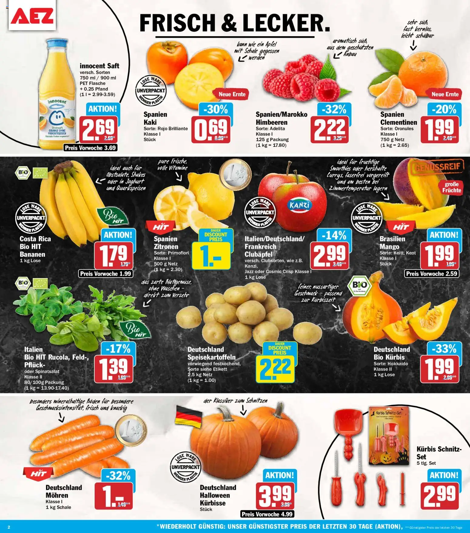 AEZ Prospekt – gültig ab 19.10.2026 | Seite: 2 | Produkte: Himbeeren, Bananen, Mango, Zitronen