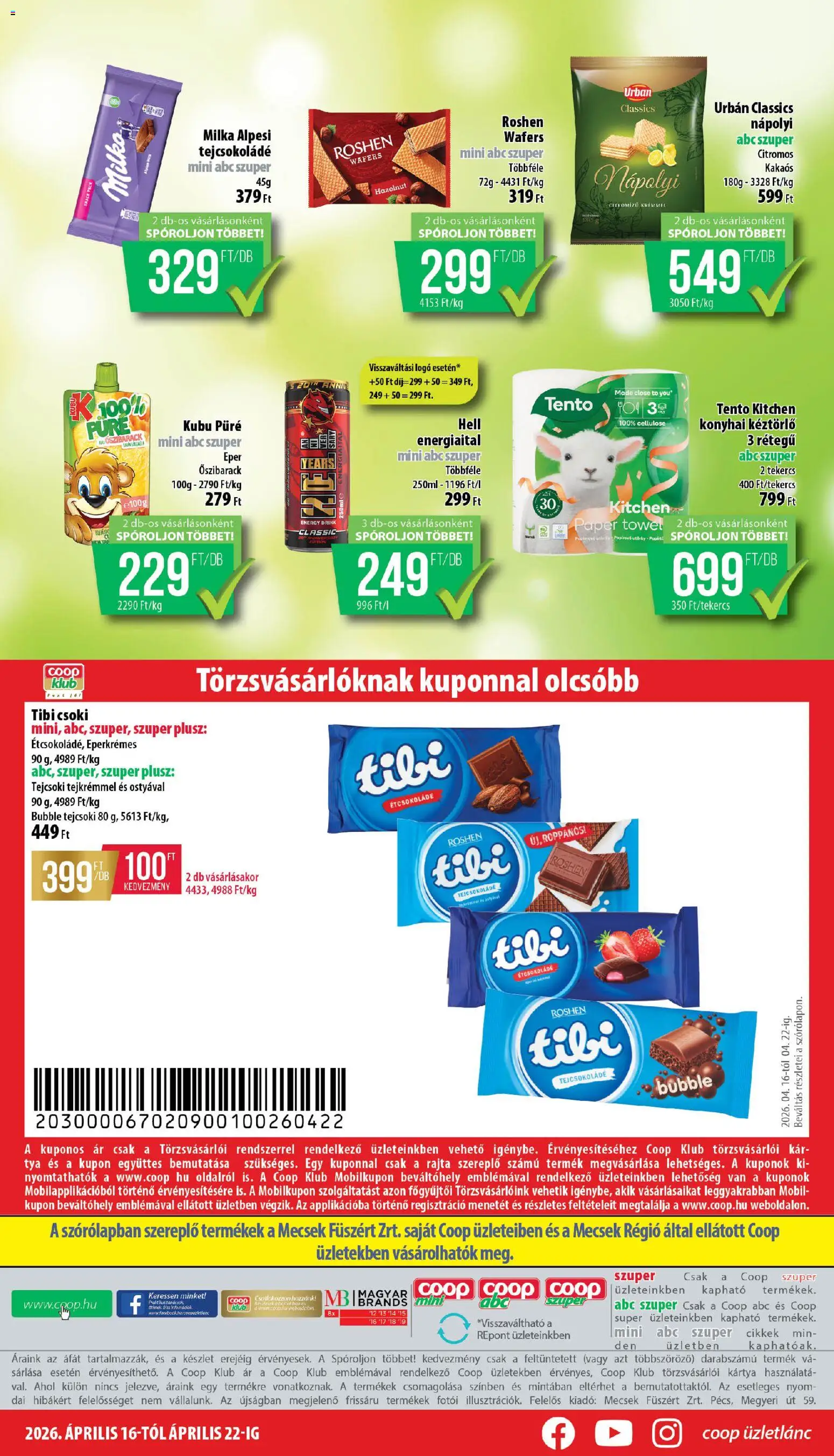 COOP akciós ujság - amely érvényes a következő dátumtól: 16.04.2026 | Oldal: 8 | Termékek: Energiaital, Kubu püré, Tejcsokoládé, Eper