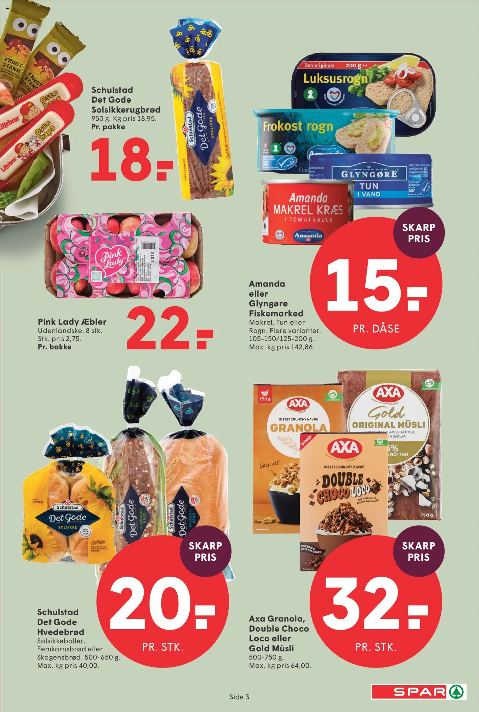 Spar tilbudsavis – gyldig fra 07/08/2026 | Side: 3 | Produkter: Æbler, Makrel, Tun, Müsli