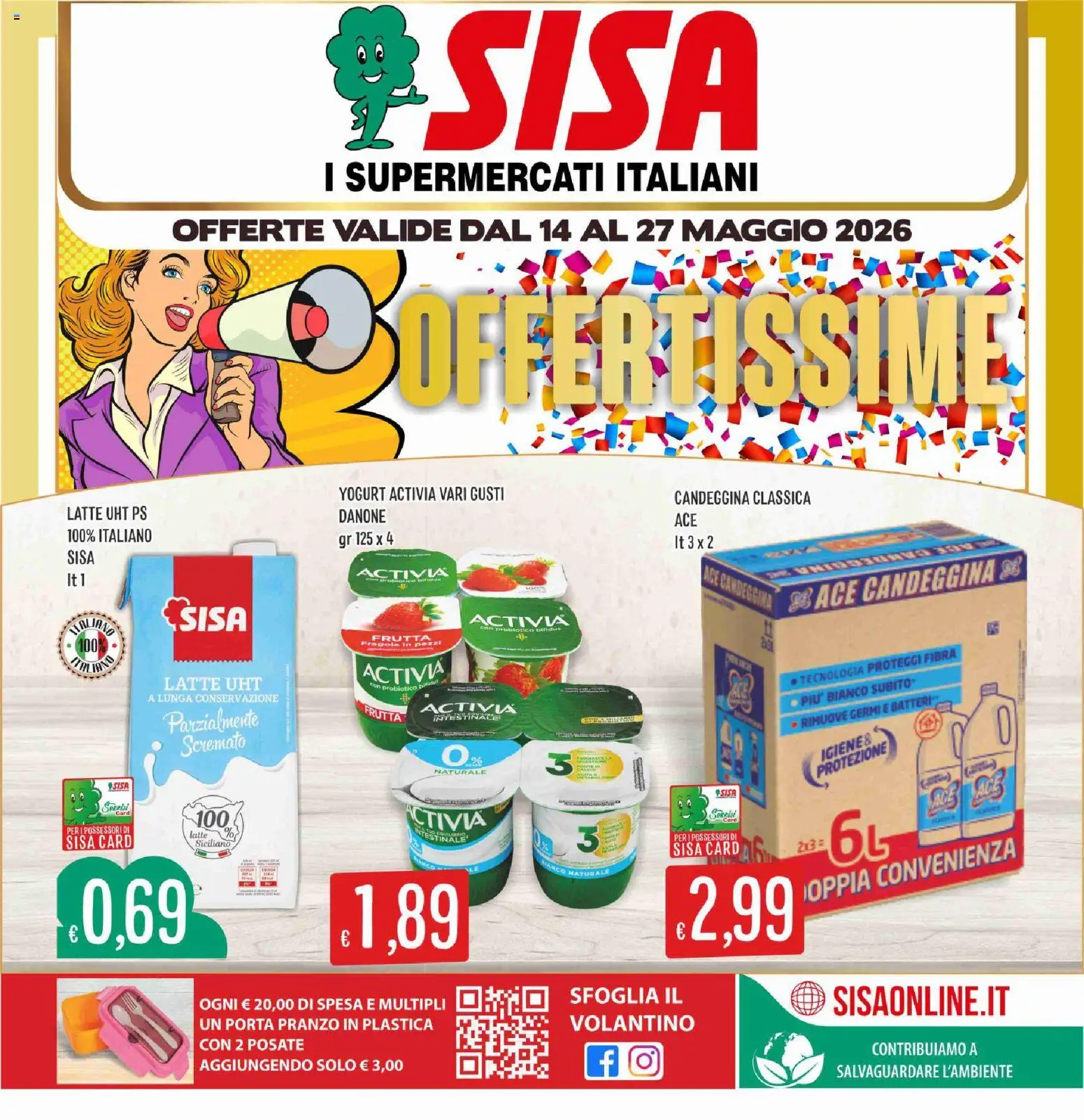 Volantino SISA del 14.05.2026 | Pagina: 1 | Prodotti: Posate, Candeggina, Frutta, Latte