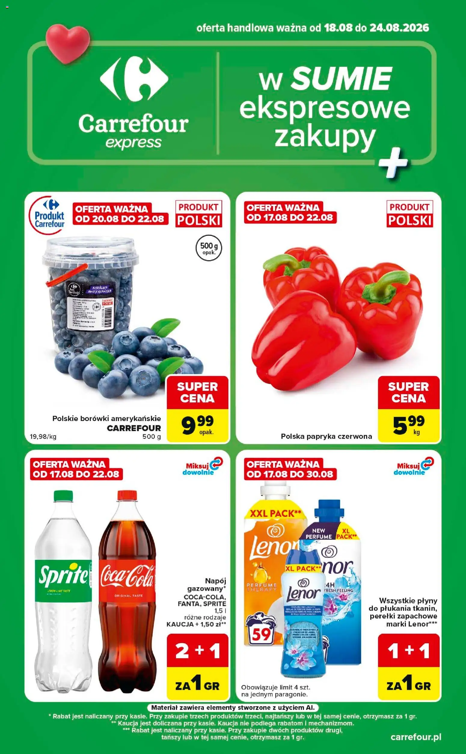 Carrefour gazetka - Express od 18.08.2026 | Strona: 1 | Produkty: Borówka amerykańska, Sprite, Papryka, Papryka czerwona