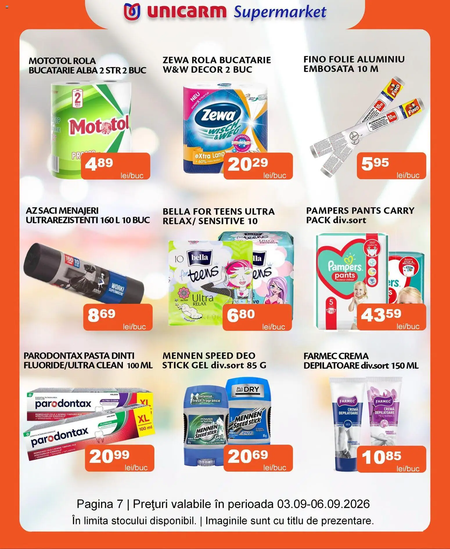 Noul catalog Unicarm – valabil de la 03.09.2026 | Pagină: 7 | Produse: Pampers, Bucătărie, Cremă, Cremă depilatoare