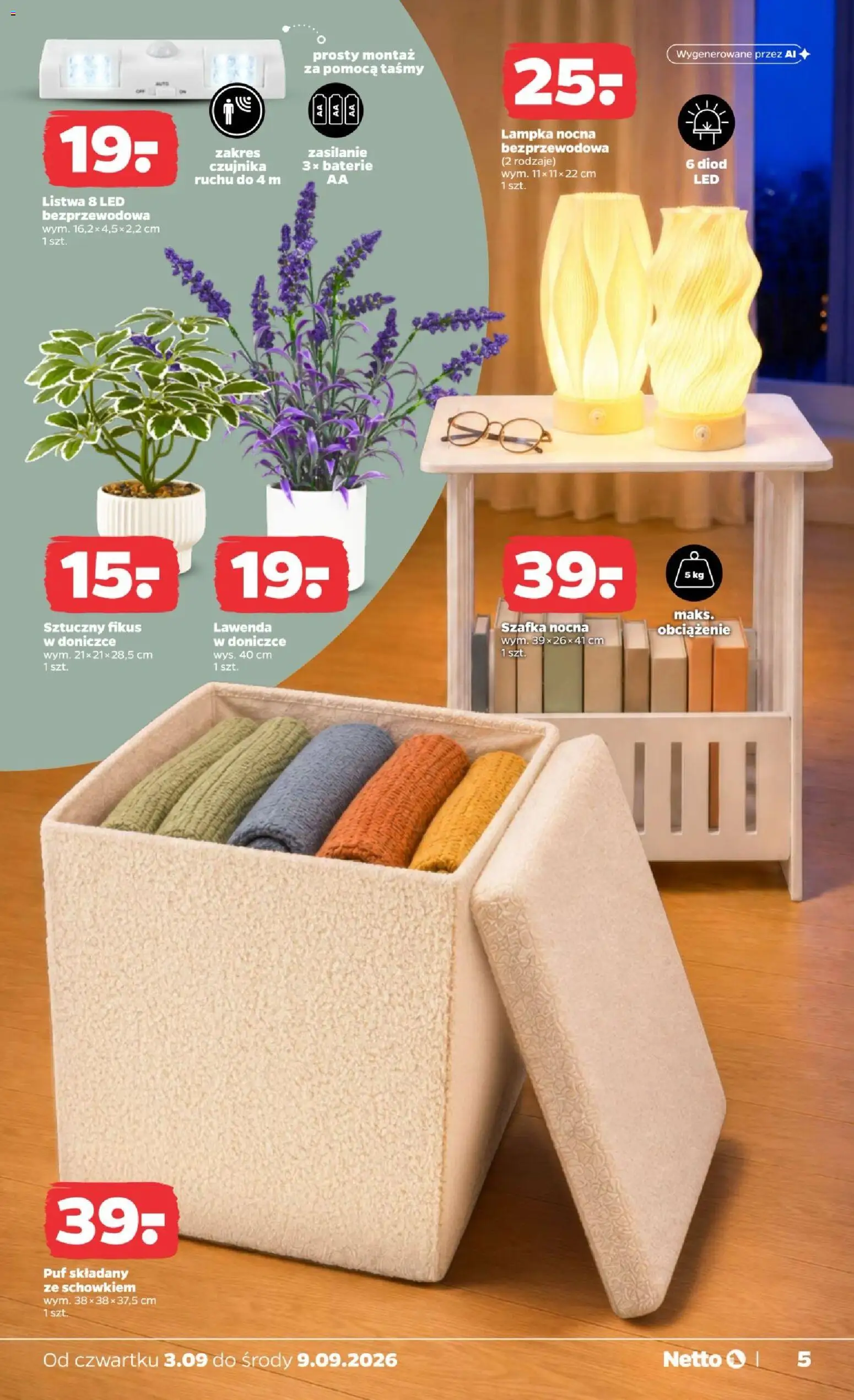Netto gazetka od czwartku NonFood od 03.09.2026 | Strona: 5 | Produkty: Puf składany ze schowkiem, Baterie, Lampka nocna, Fikus
