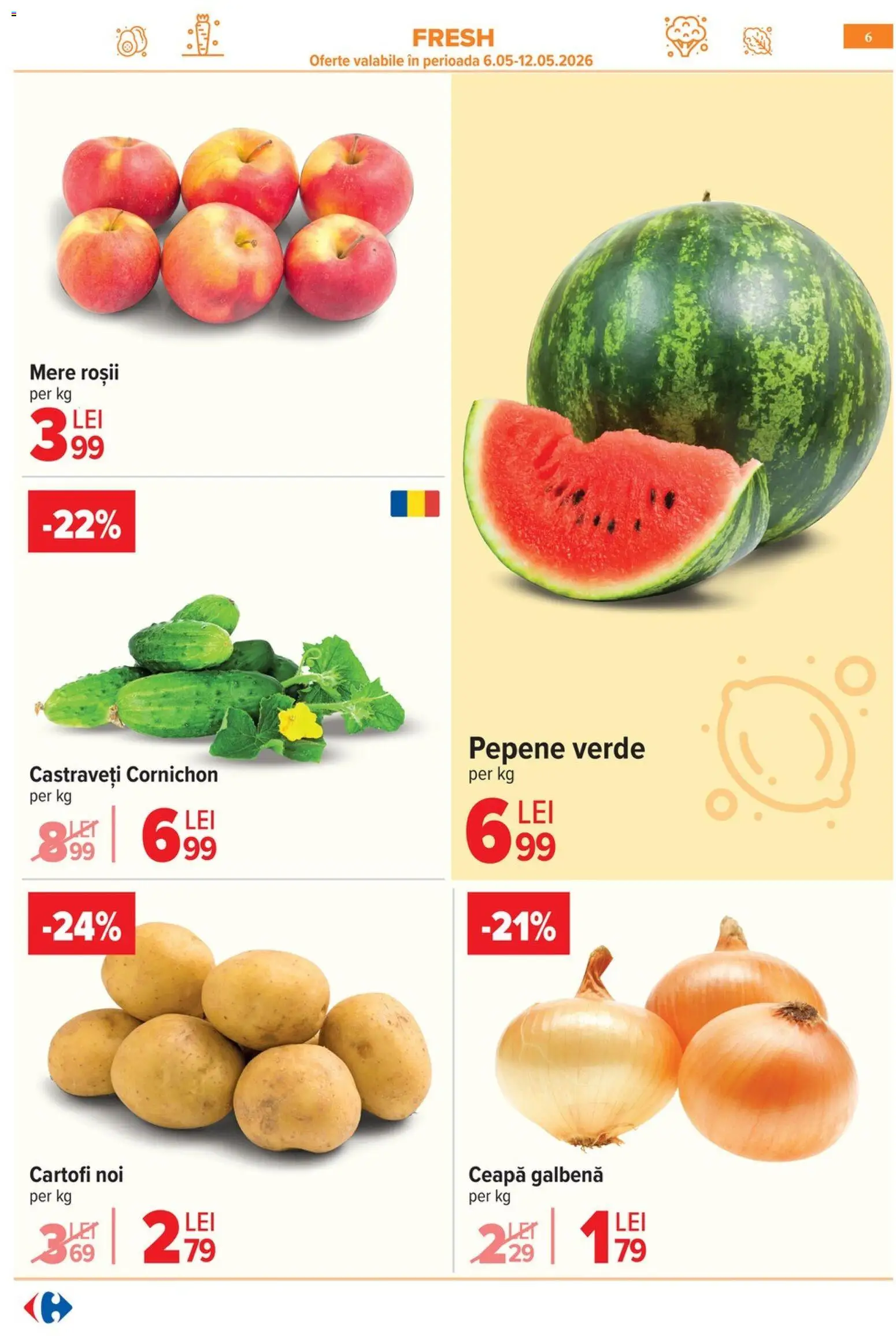 Noul catalog Carrefour – valabil de la 06.05.2026 | Pagină: 9 | Produse: Pepene Verde, Roșii, Castraveți, Cartofi