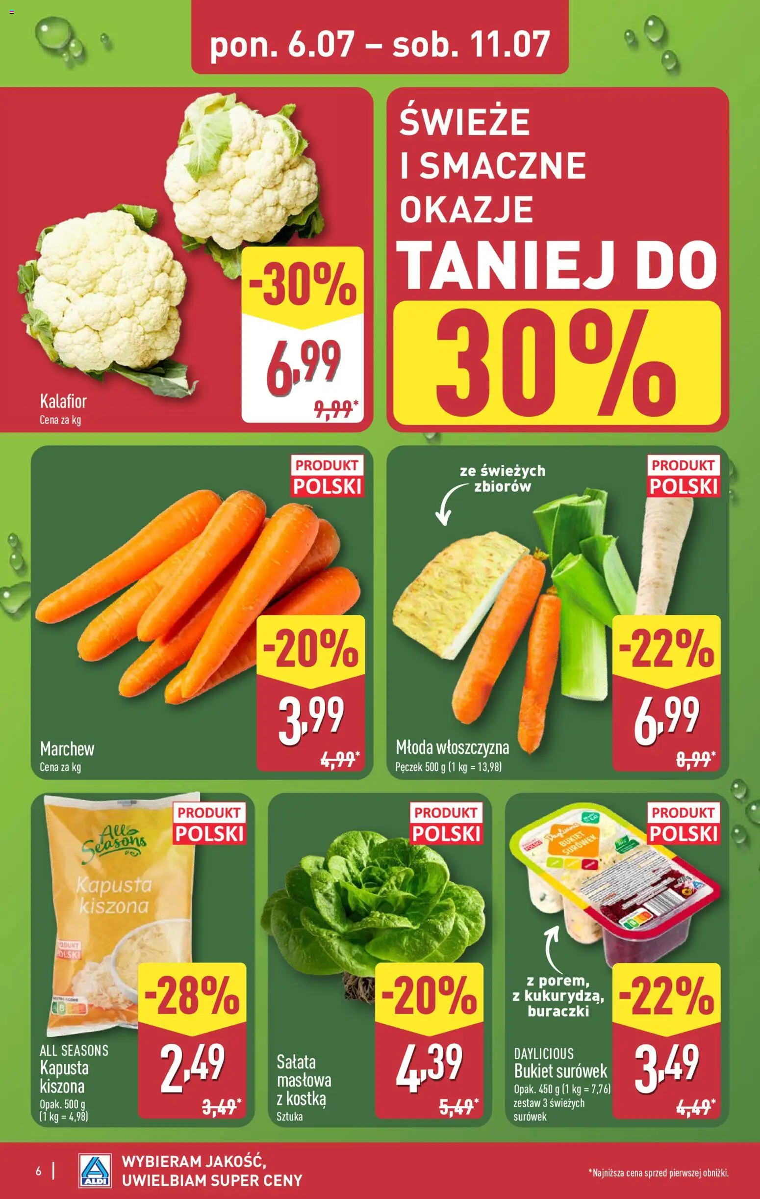 Aldi gazetka od 06.07.2026 | Strona: 6 | Produkty: Kapusta, Kalafior, Kapusta kiszona